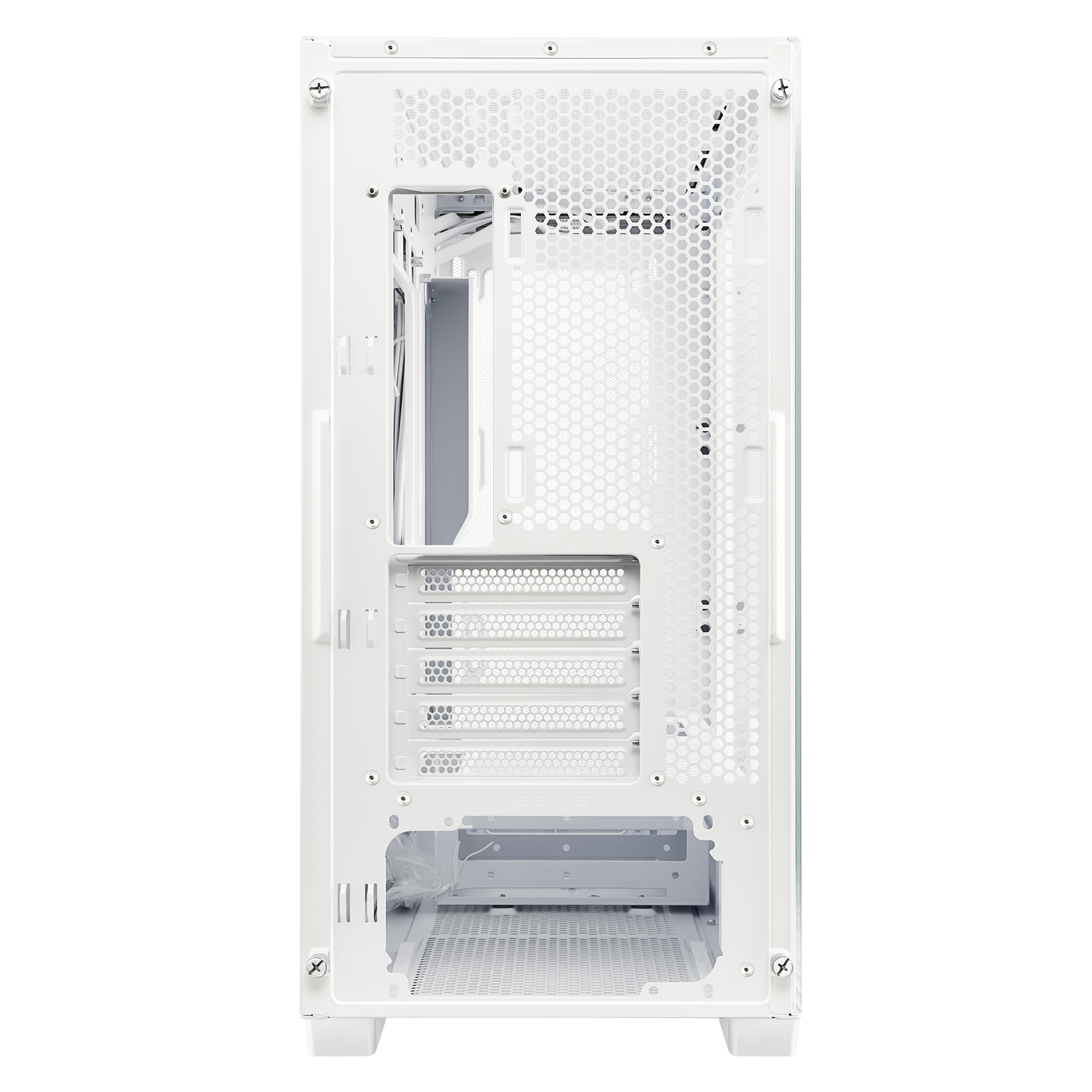Ein leerer weißer Computer-Tower, der das Innere mit verschiedenen Öffnungen zeigt.