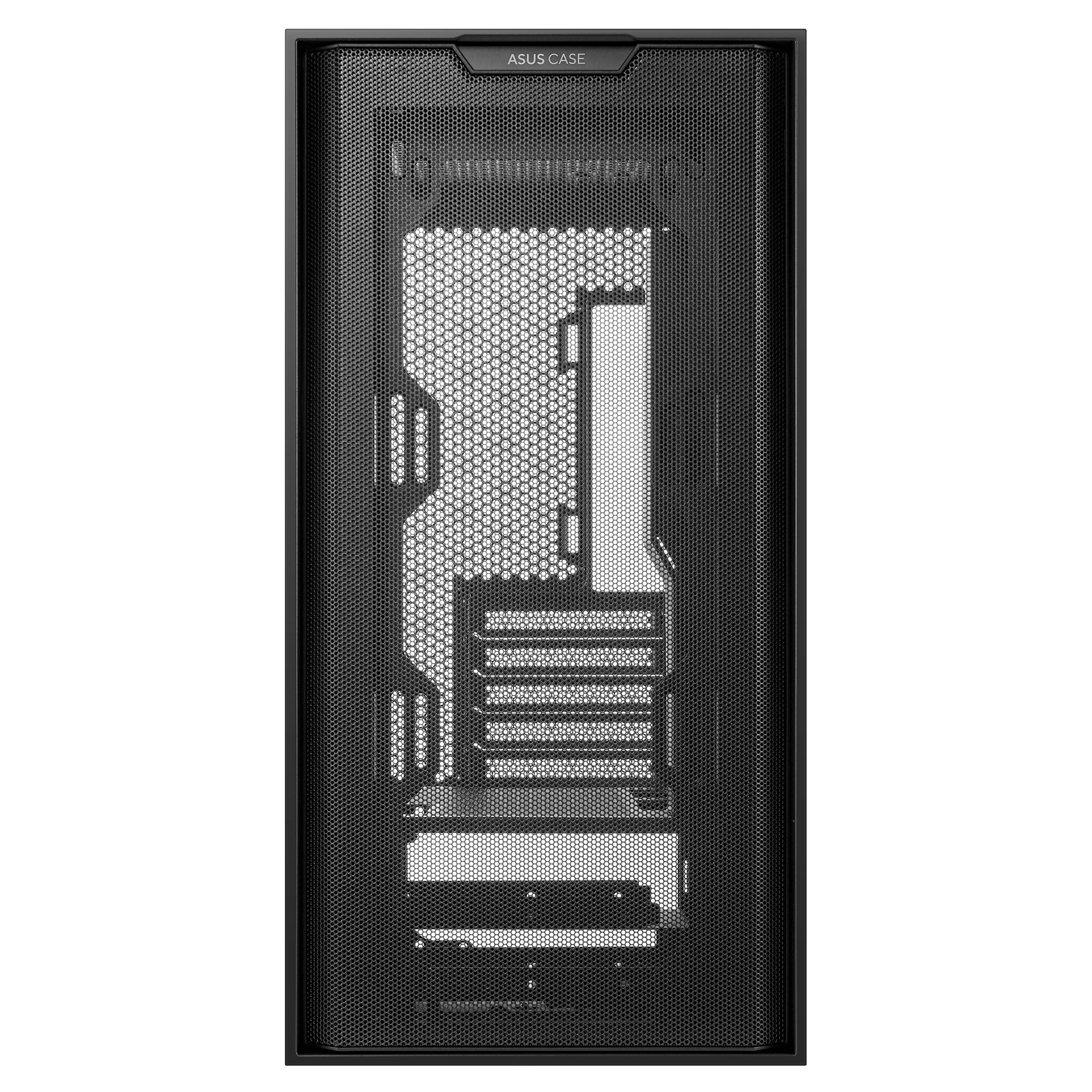 Un case per computer nero con frontale a rete. Il logo ASUS CASE è in alto.