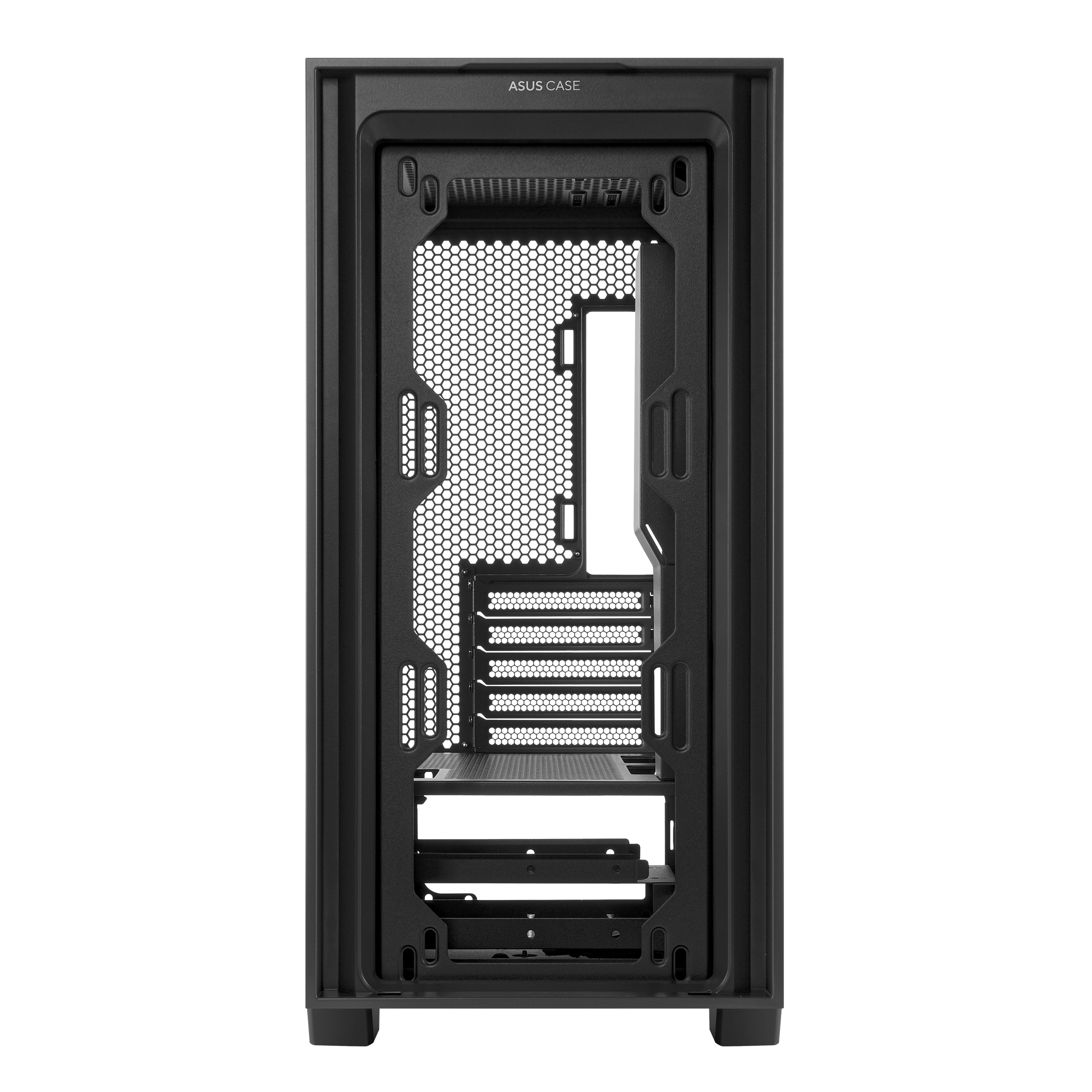Interno di case per computer nero, aperto, con maglia esagonale visibile.