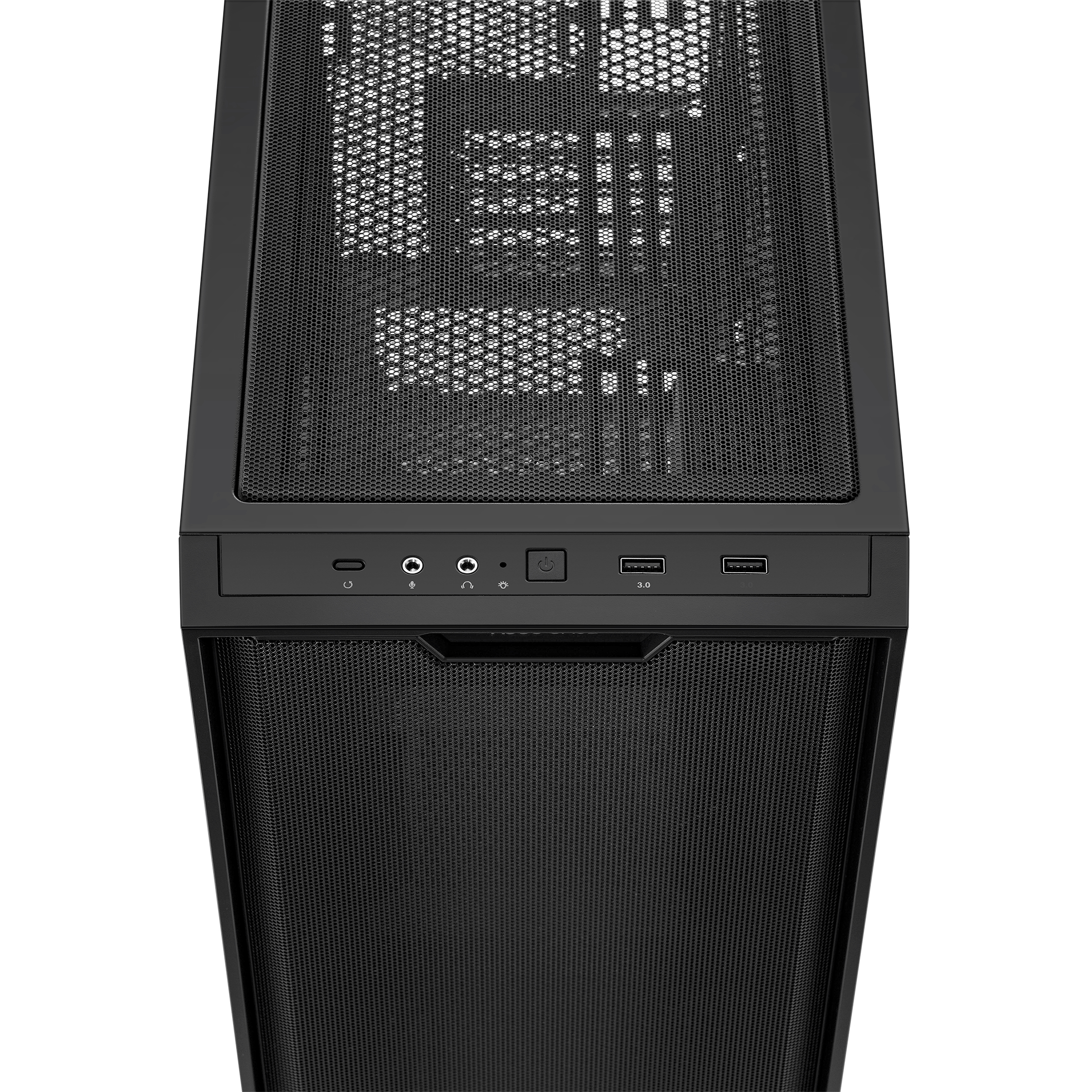 Case nero per computer visto dall'alto, mostra ventilazione e porte.