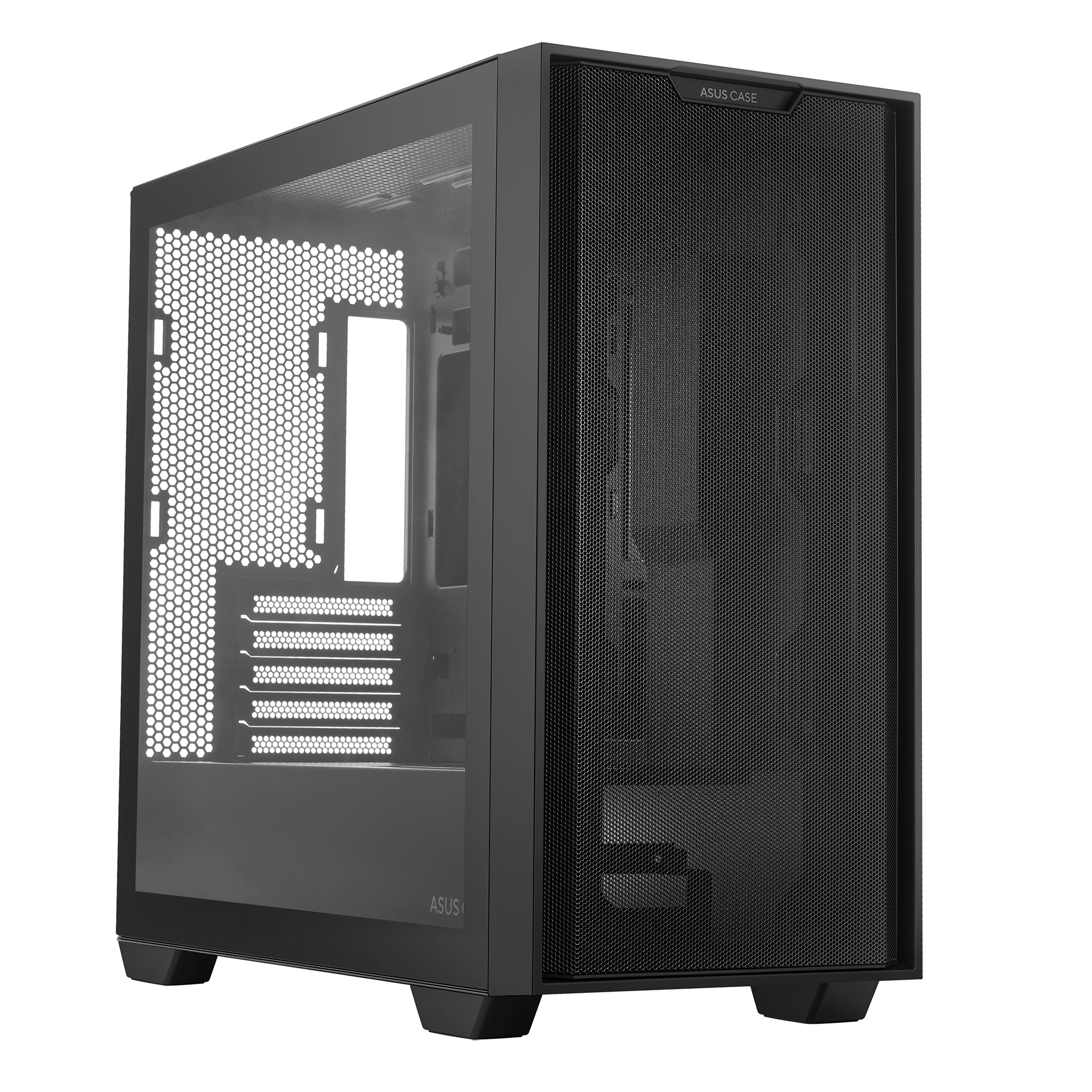 Un case per computer nero con un pannello frontale a rete. Ha un pannello laterale trasparente.