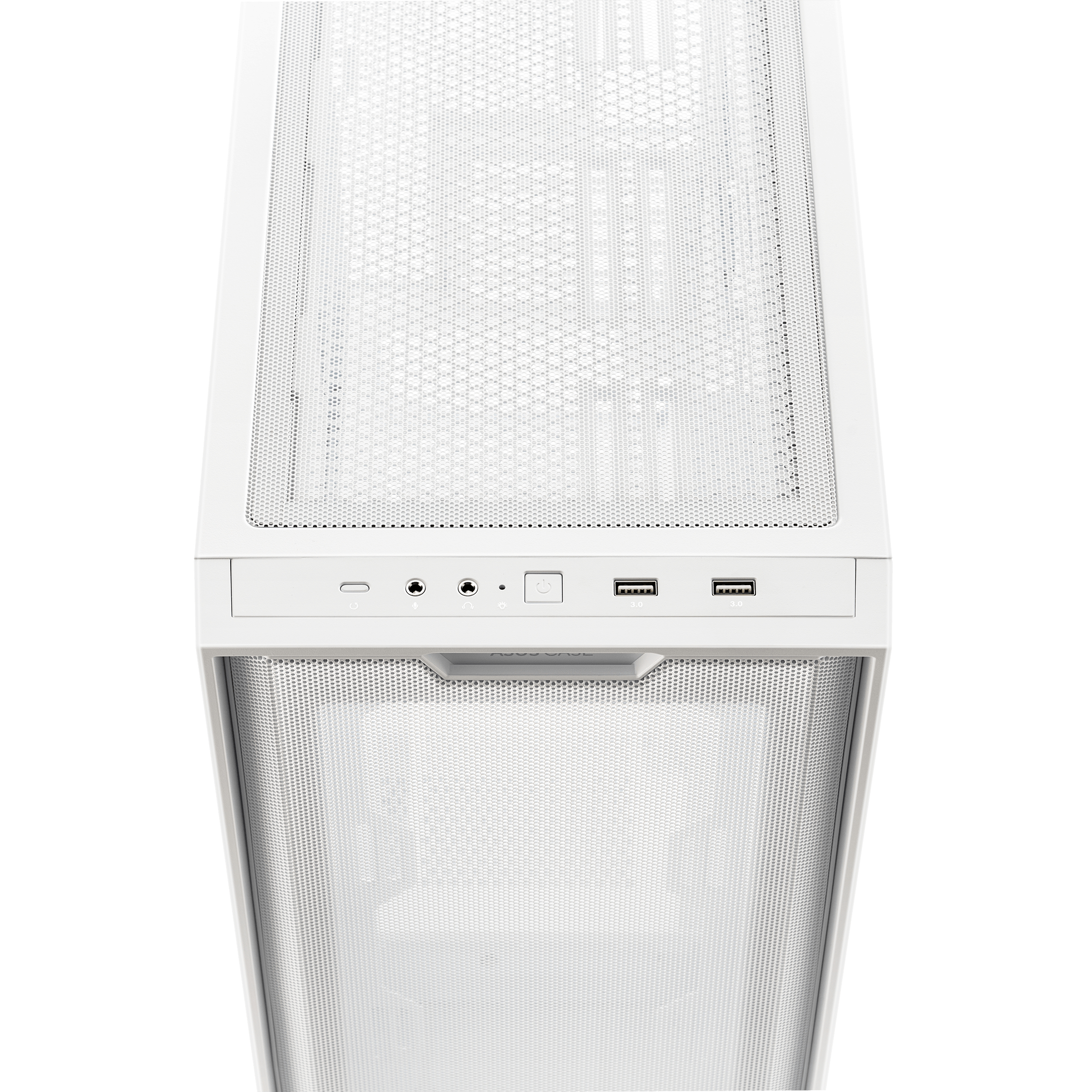 Ein weißes Computergehäuse mit Mesh-Ober- und Frontplatte, Anschlüssen, Knöpfen und einem Logo.