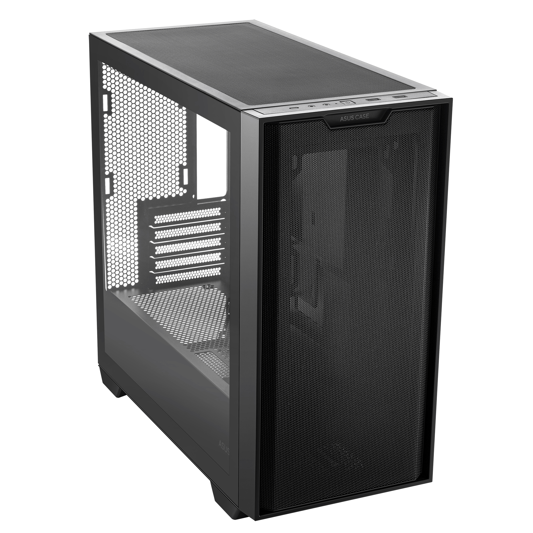 Case PC nero con pannello frontale a rete e sfiato laterale.