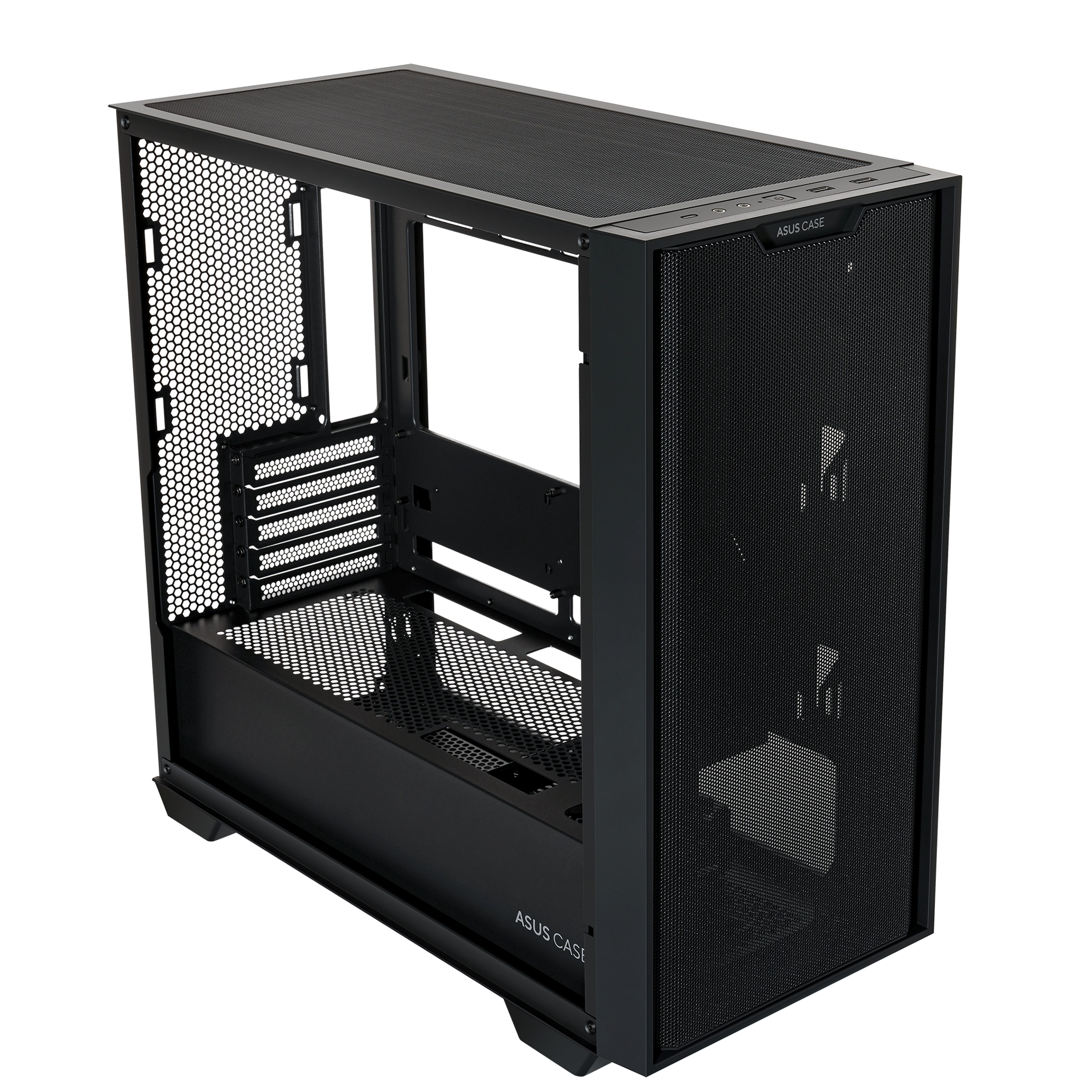 Case per computer nero con pannelli laterali in rete, logo ASUS CASE visibile.