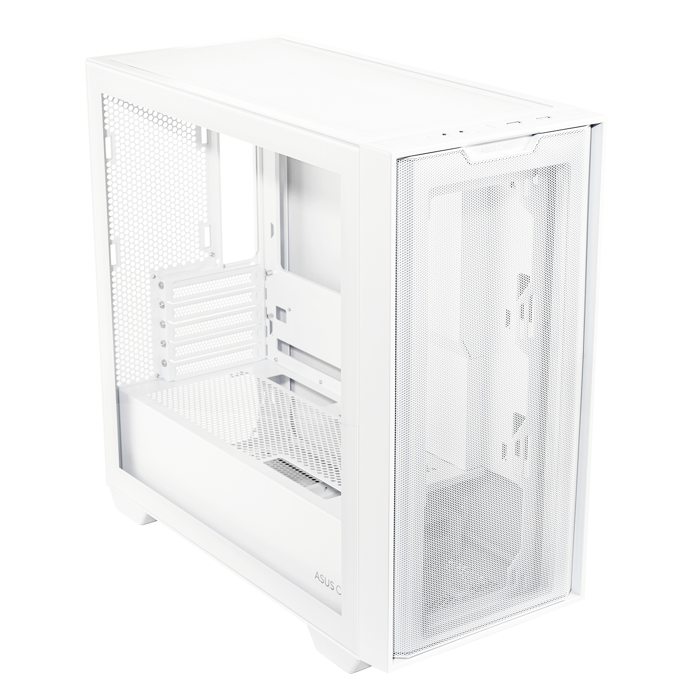 Weißes PC-Gehäuse mit Mesh und Glasseite. Das Gehäuse ist innen leer.