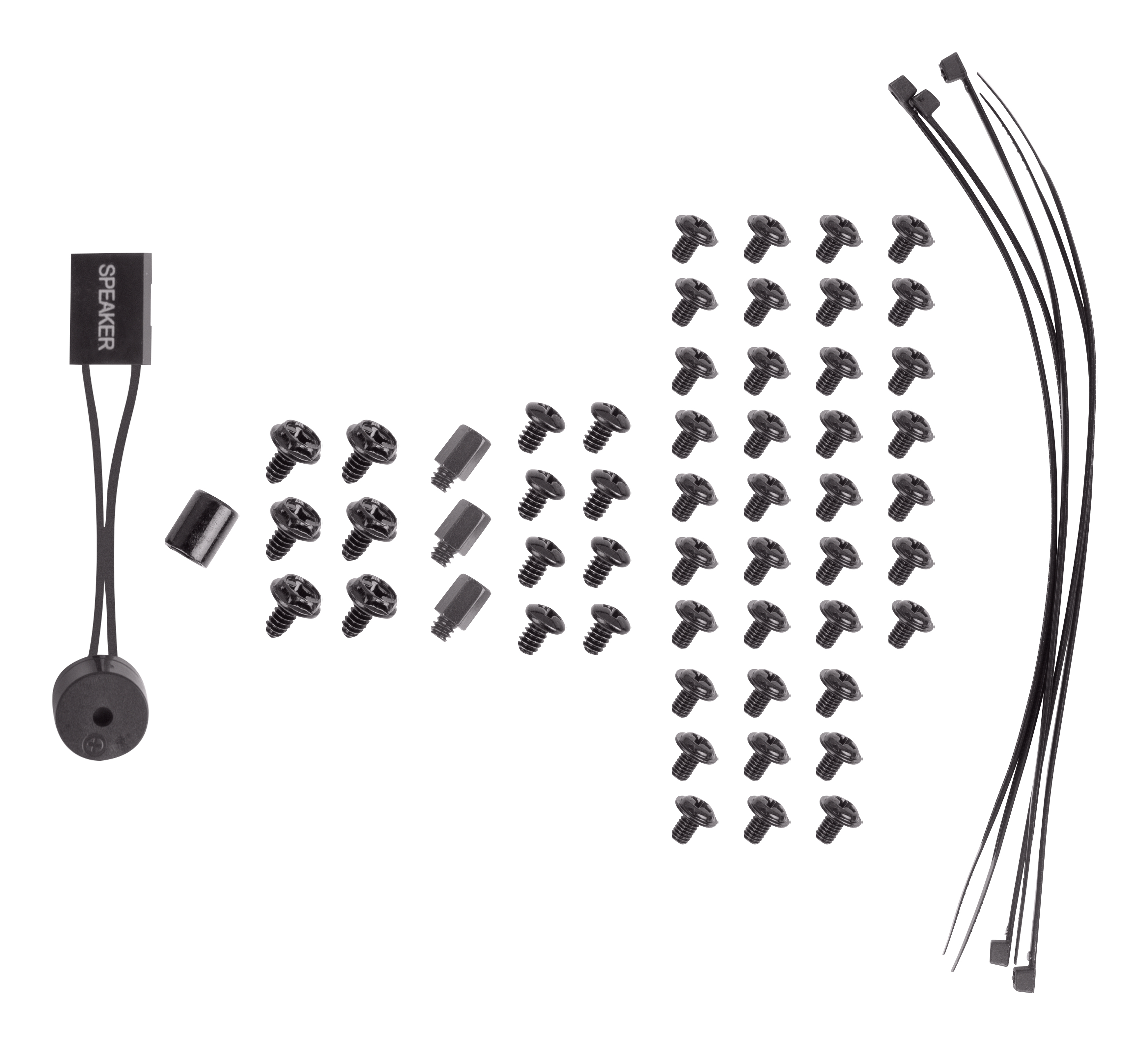 Zestaw komponentów komputera: głośnik, śruby, dystanse i opaski zaciskowe, na białym tle.
