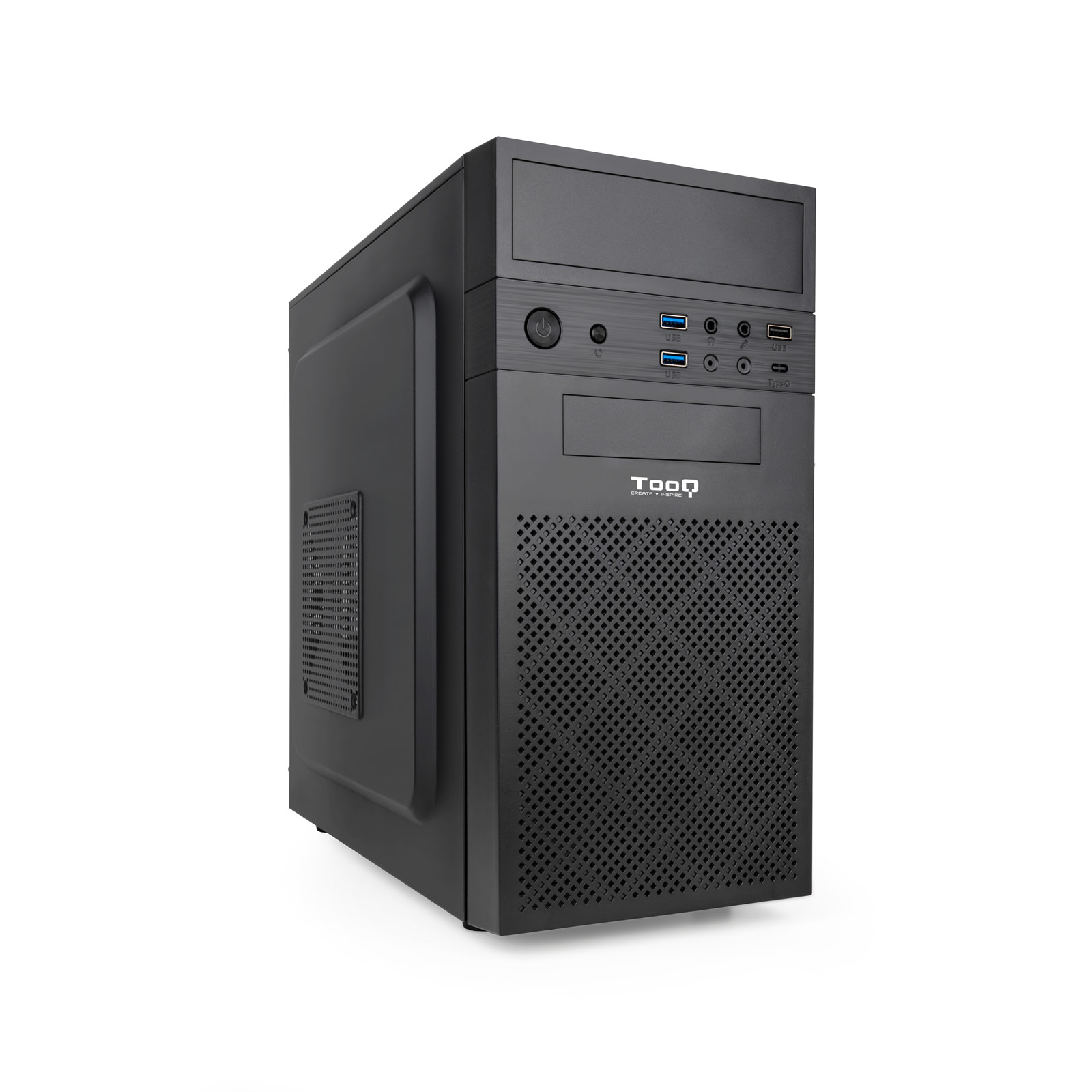 Un case per computer nero con un pannello frontale perforato e varie porte su sfondo bianco.