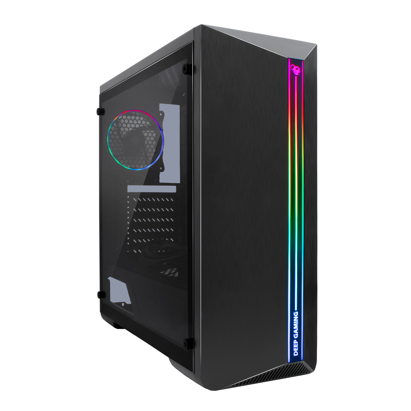 Un case per computer nero con pannello laterale in vetro. Dispone di illuminazione RGB sulla parte anteriore e laterale.