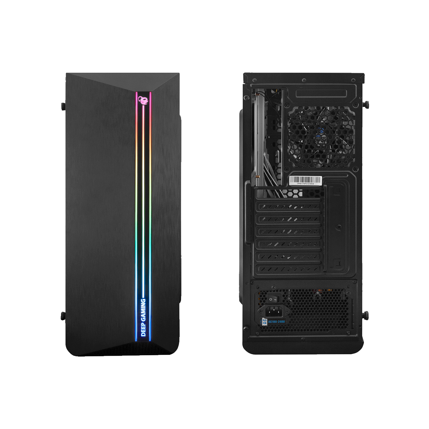 Case PC nero, con luci RGB e testo Deep Gaming. Il retro mostra i componenti interni.