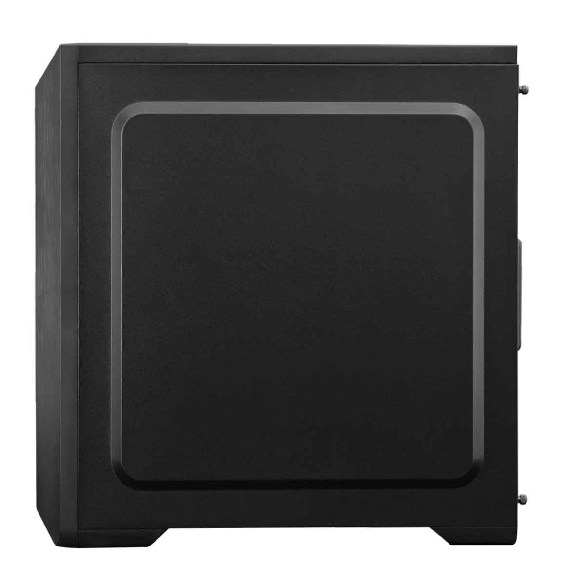 Un case per computer nero, vista laterale, con una superficie strutturata.