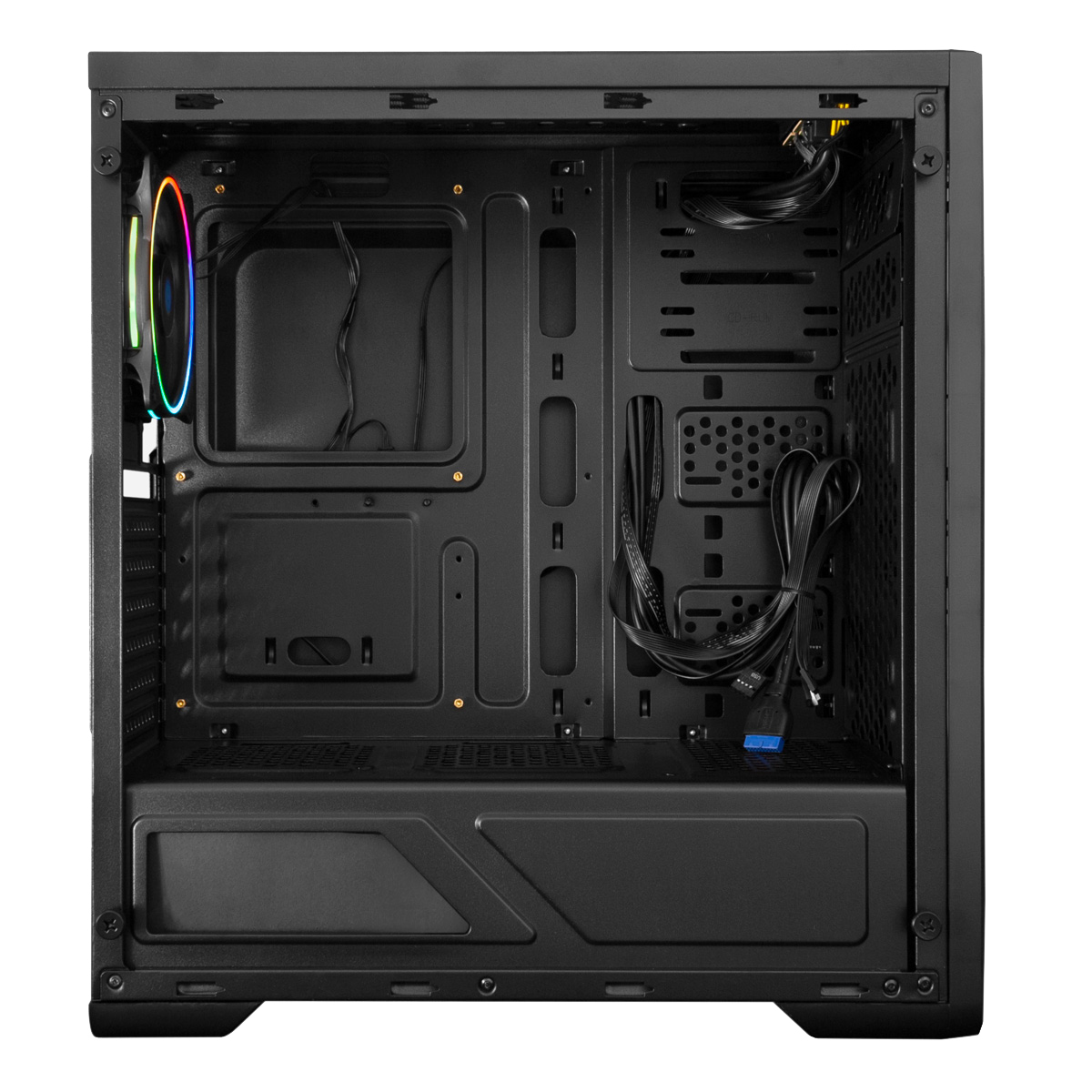 L'interno di un case per computer nero. Mostra componenti, fili e una ventola con un effetto di luce arcobaleno.