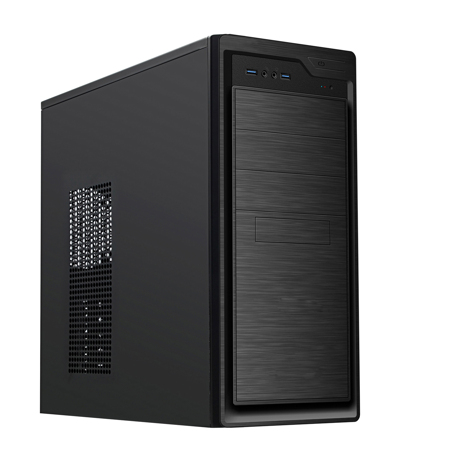 Un case per computer nero con un pannello frontale dall'aspetto metallo spazzolato.