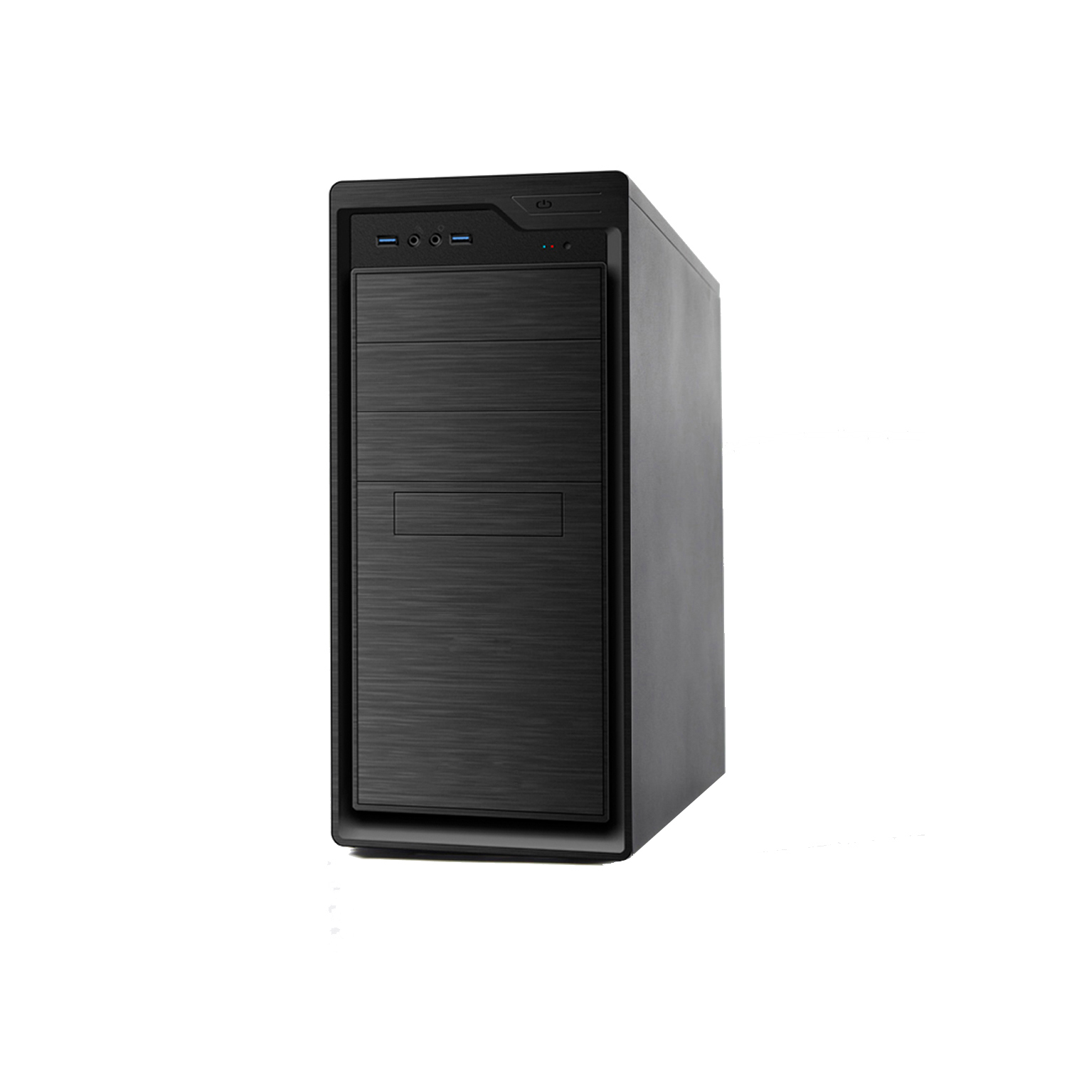 Case del computer nero, vista frontale, con un design elegante. Sfondo scuro.
