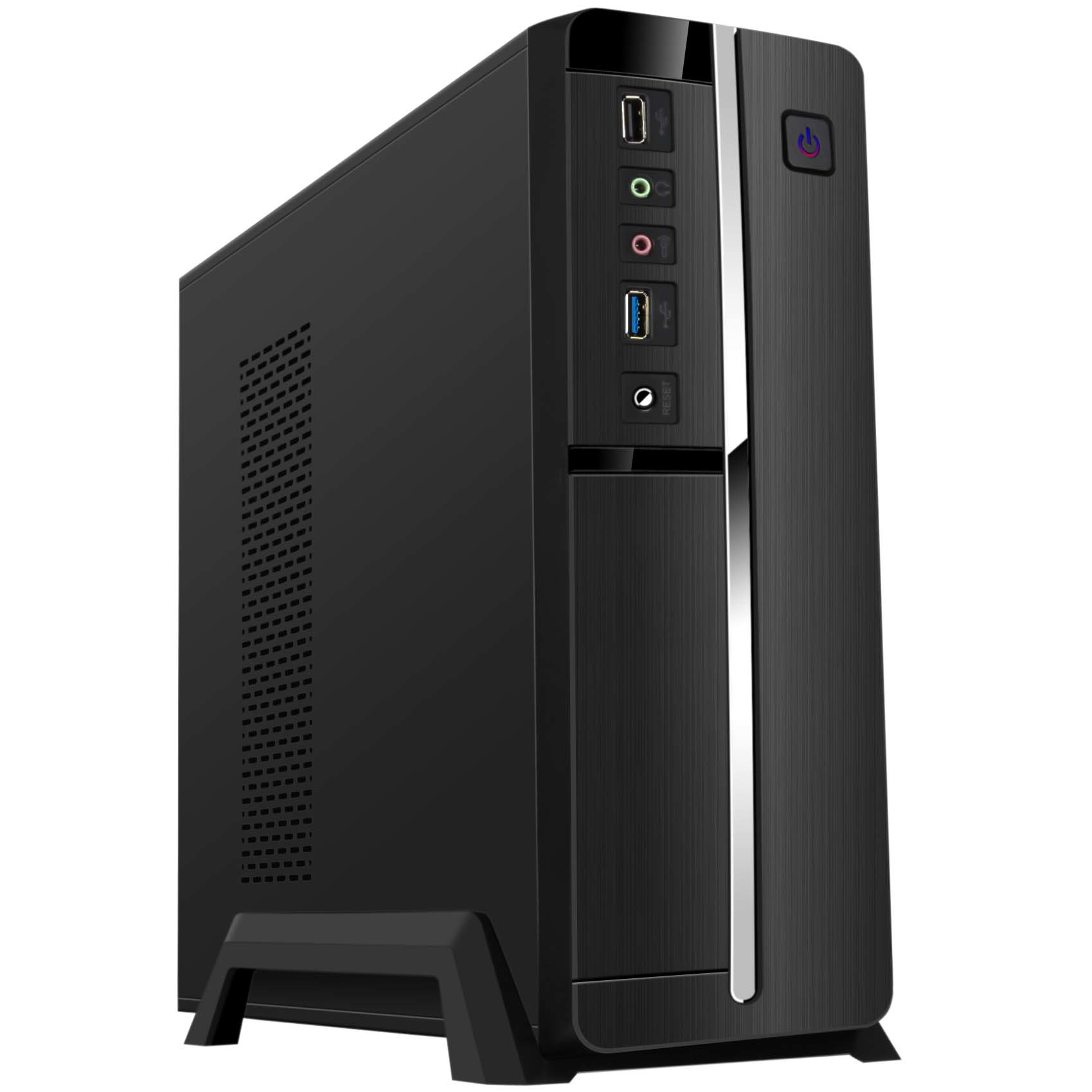 Zwarte computertoren op een standaard. Vooraanzicht. Poorten en aan/uit-knop zijn zichtbaar.