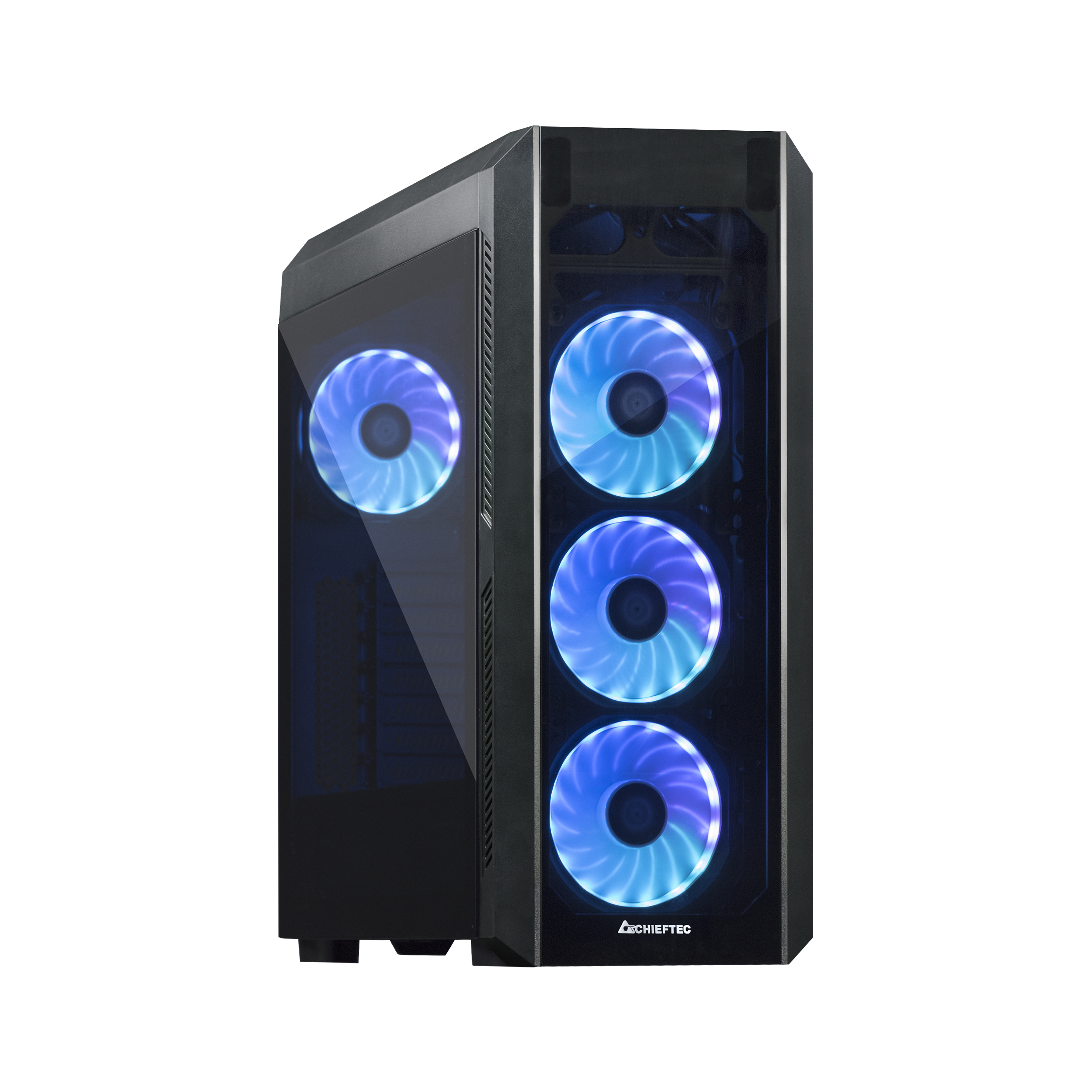 Ein Computergehäuse mit drei blauen LED-Lüftern und einem transparenten Seitenteil.