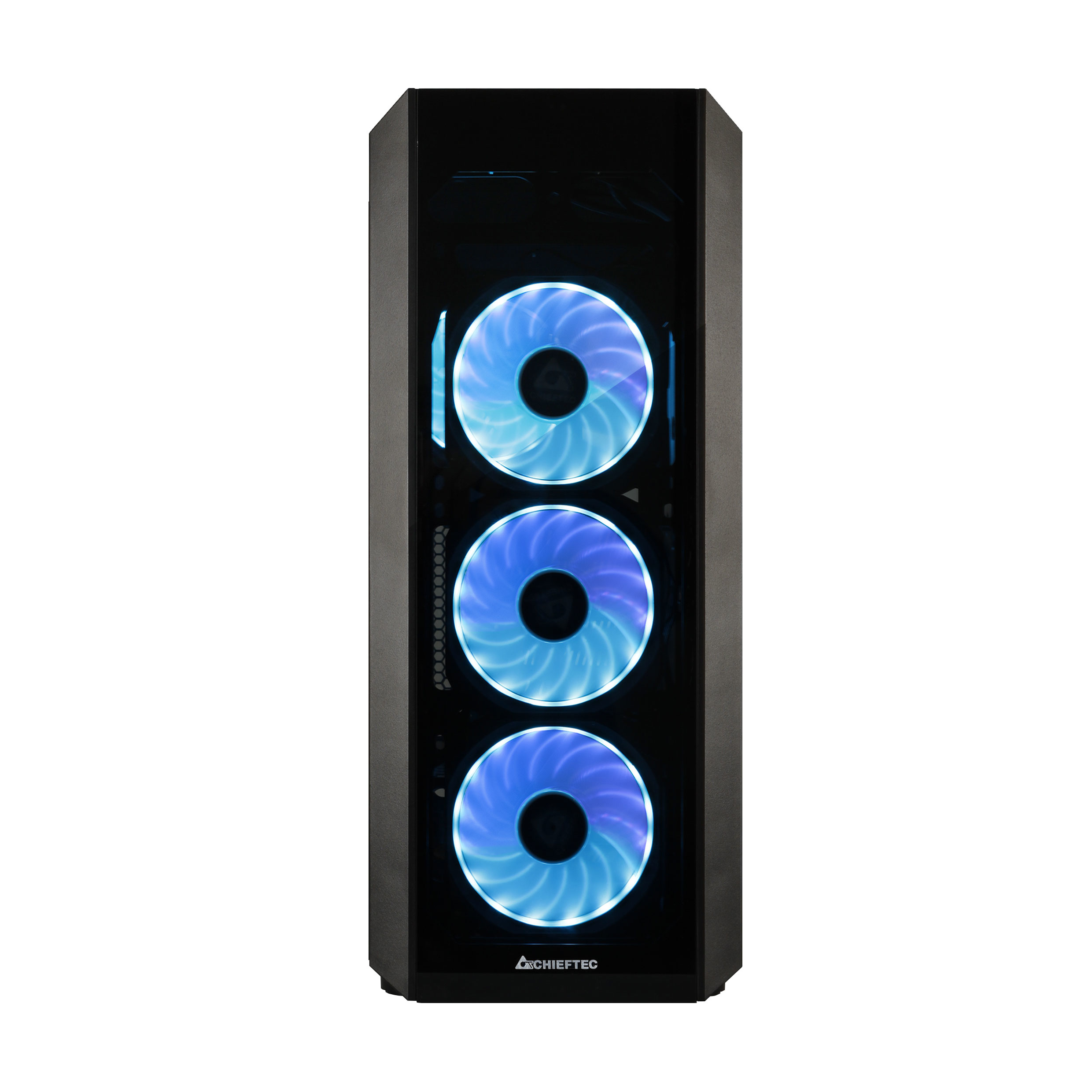 Schwarzes Computergehäuse mit drei beleuchteten Lüftern. Blaues Licht von den Lüftern.