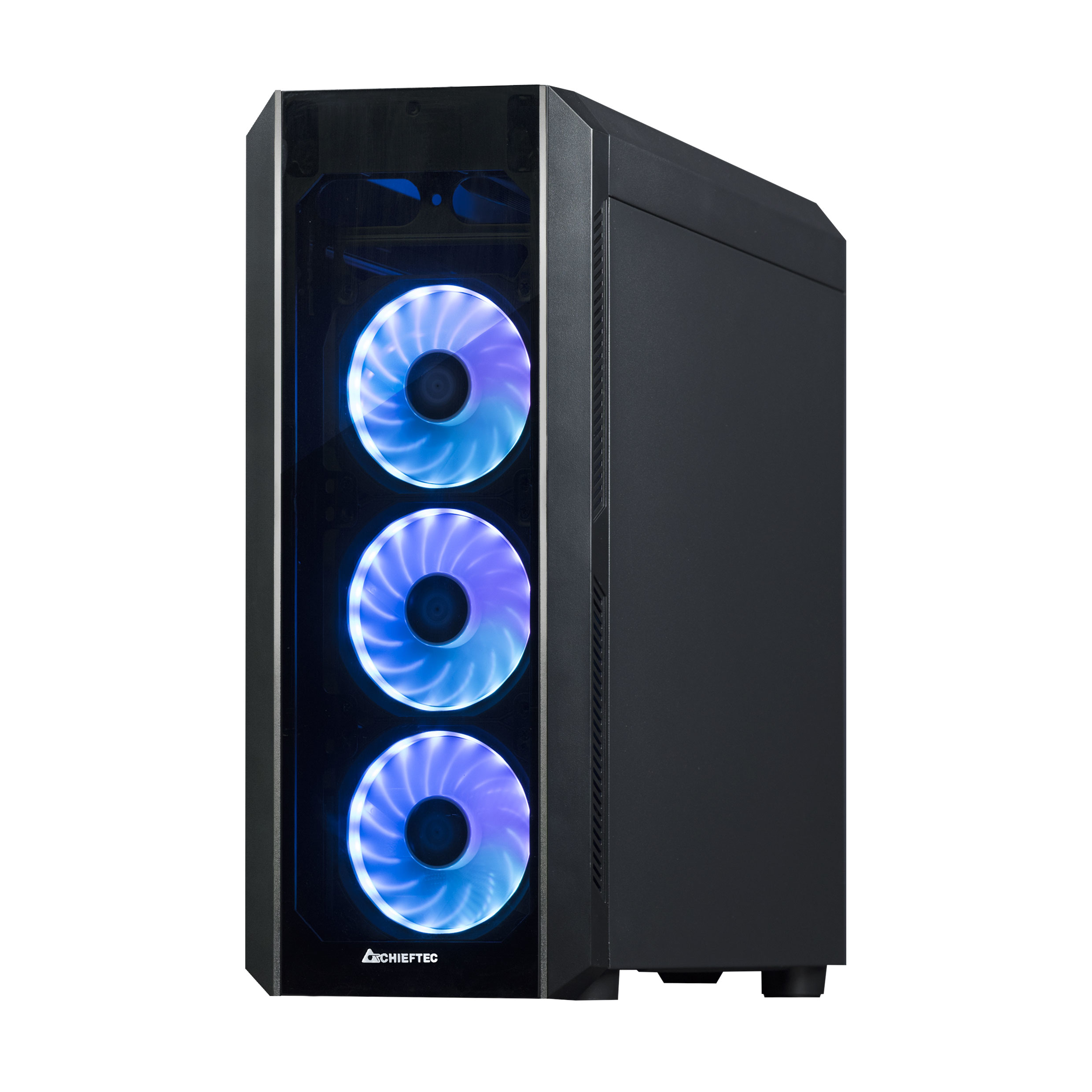 Ein schwarzes Computergehäuse mit drei blau beleuchteten Lüftern, Innenansicht.