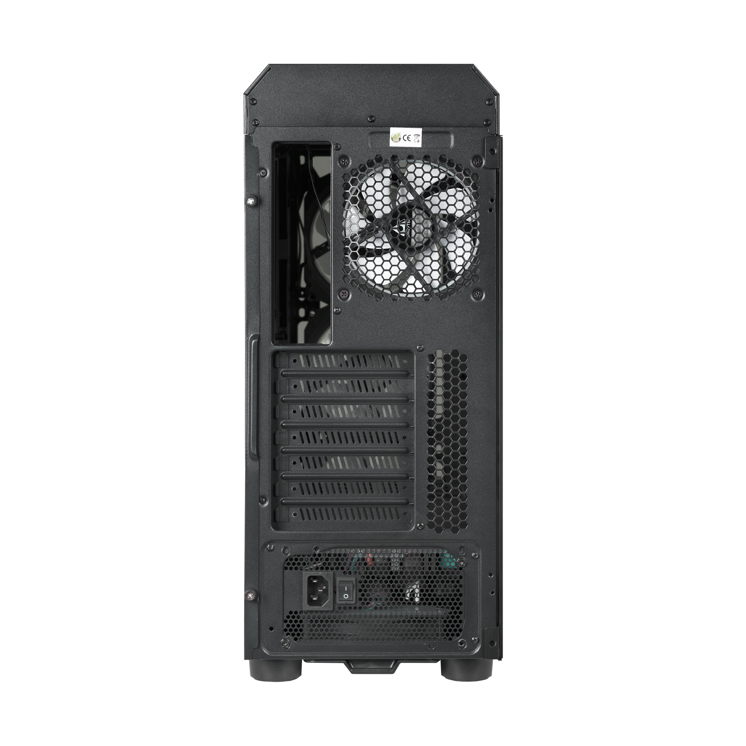 Rückansicht eines schwarzen Computergehäuses mit Lüfter, Netzteil und verschiedenen Anschlüssen.