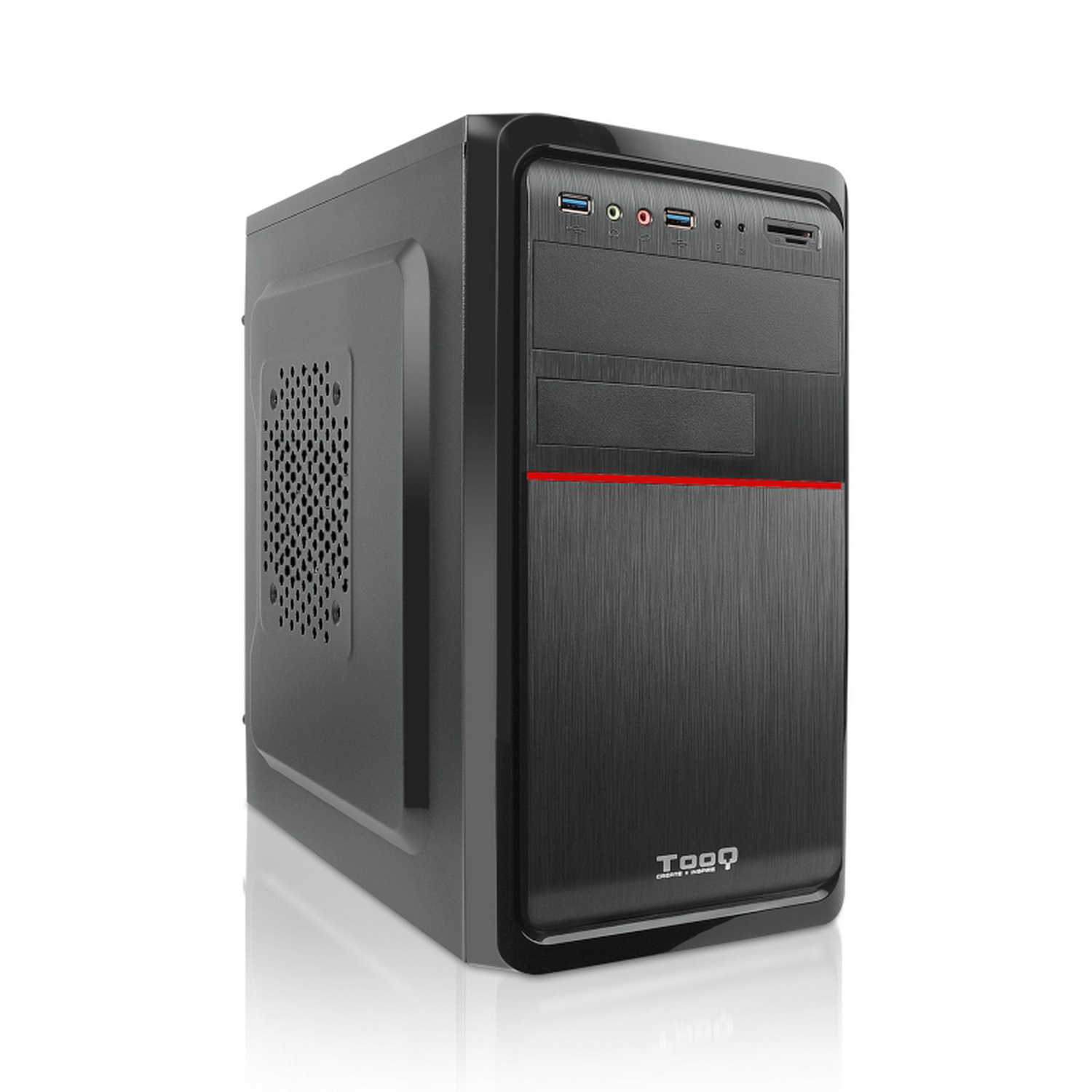 Un case per computer nero con finiture rosse, su una superficie bianca.