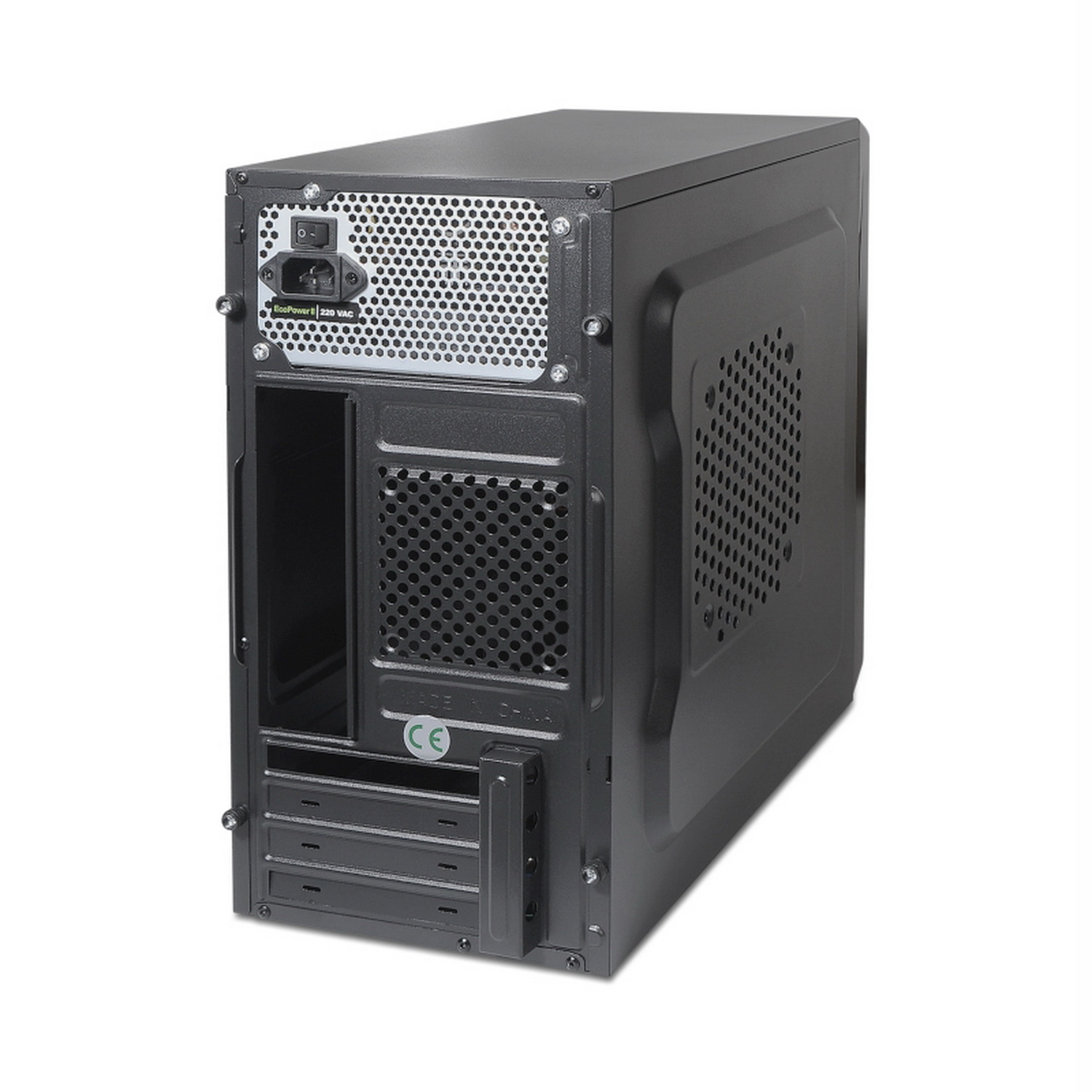 Retro di un case per computer nero, che mostra l'alimentatore.