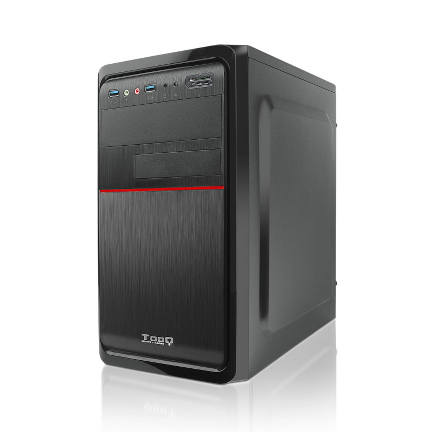Un case per computer desktop nero con una striscia rossa sulla parte anteriore.