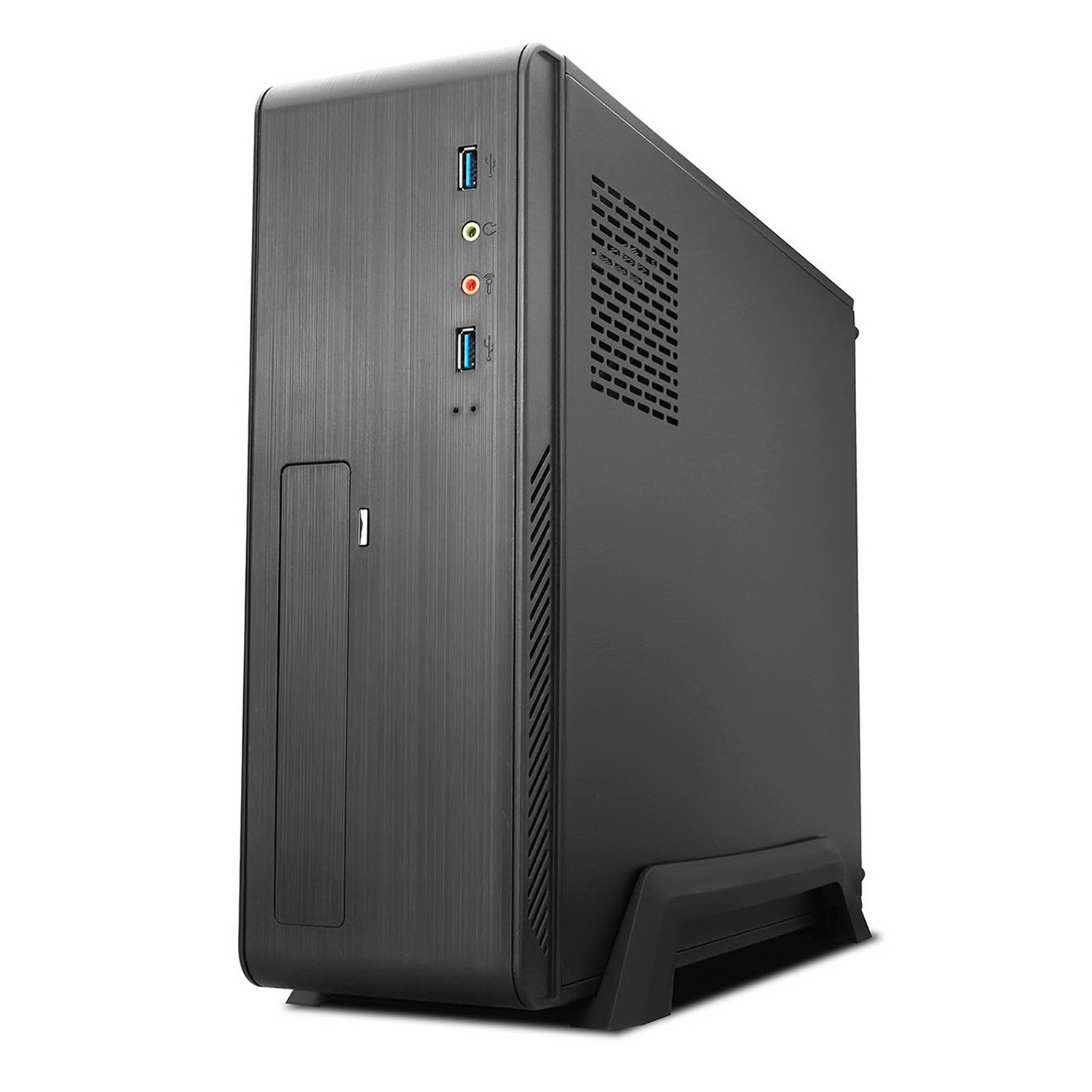 Case per computer nero. Design semplice con porte frontali. Sfondo bianco.