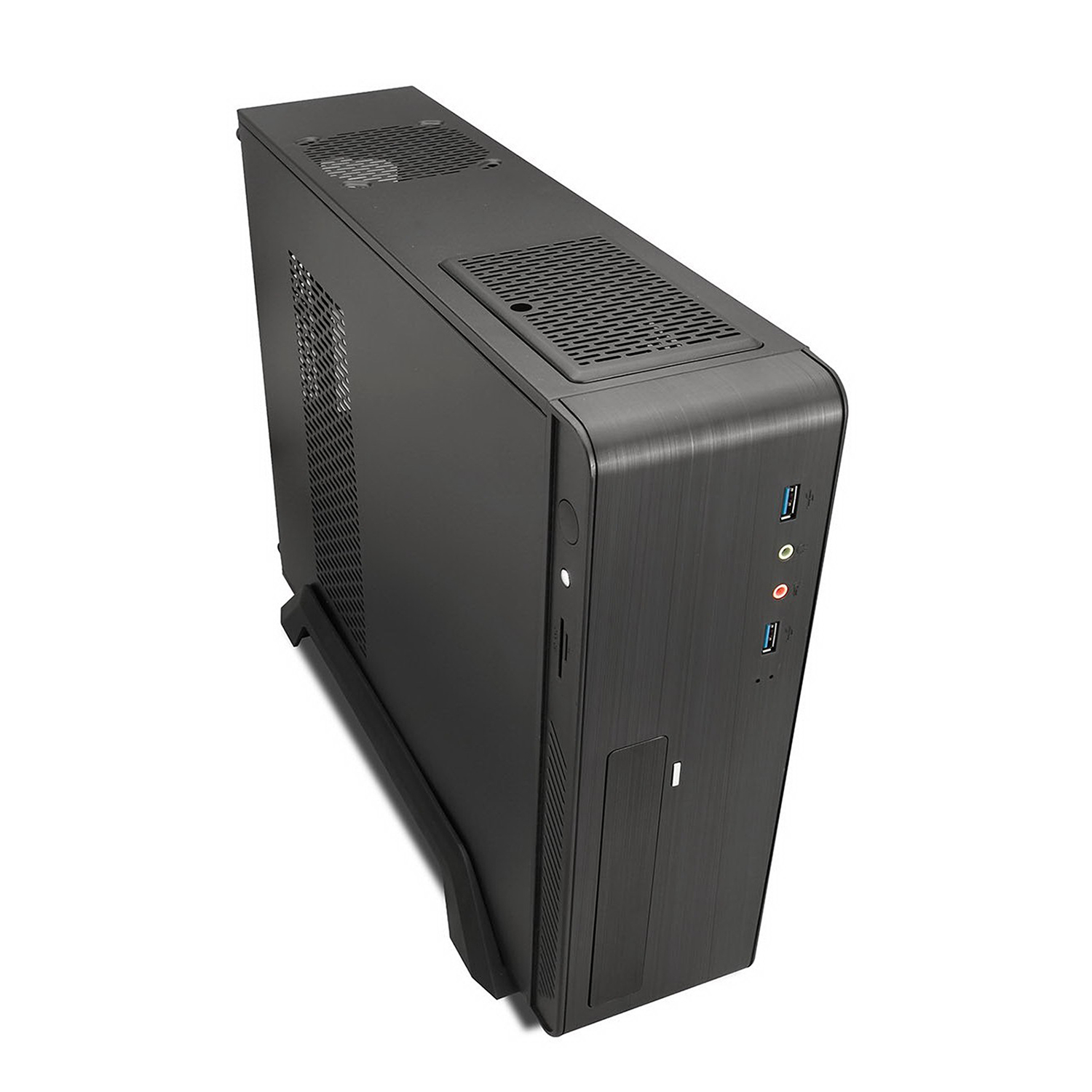 Case nero per computer, vista angolata, che mostra la parte superiore, la parte anteriore con le porte e il lato con un supporto.