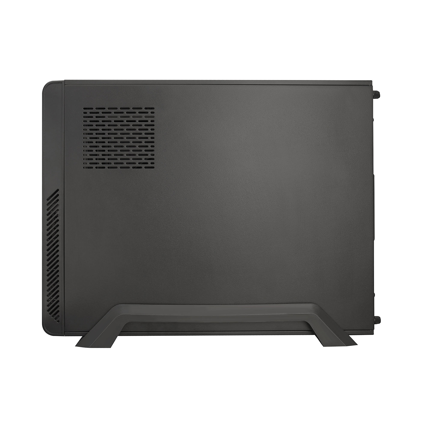 Un case per computer nero con una presa d'aria laterale. Ha un supporto nella parte inferiore e si trova su uno sfondo bianco.