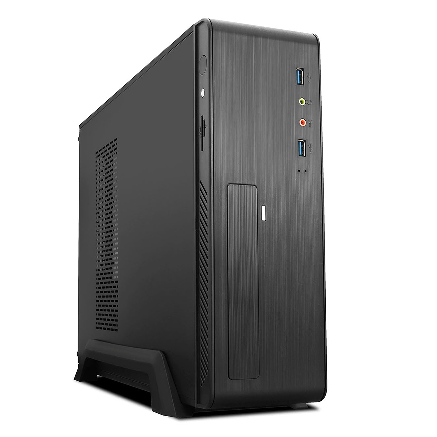 Case nero per computer su bianco. Ha porte frontali e prese d'aria. Presa d'aria laterale visibile.