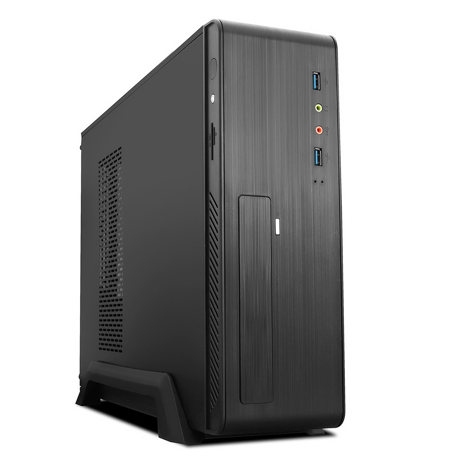 Case per computer nero su sfondo bianco. Vista frontale del computer.