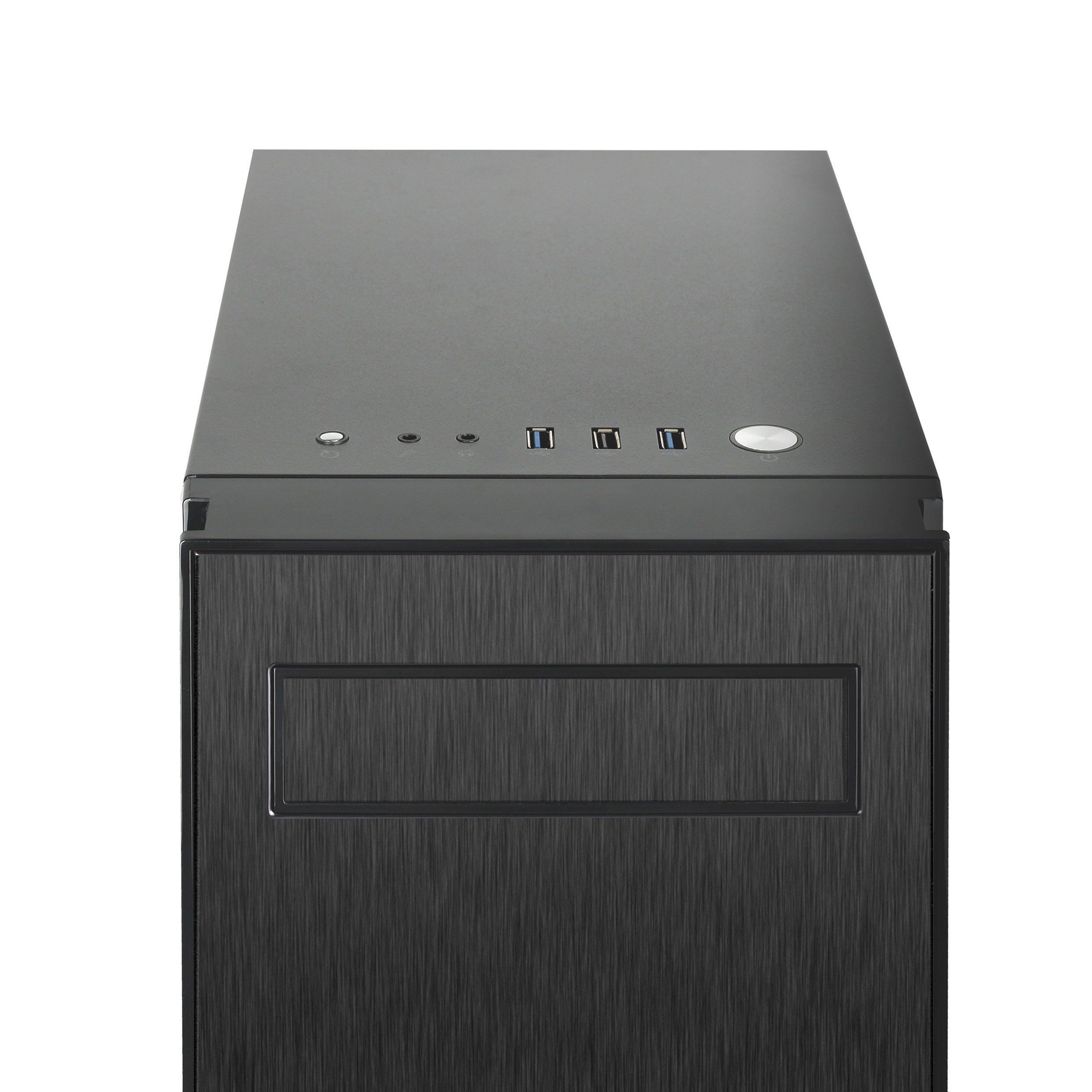 Schwarzes Computergehäuse, Draufsicht, mit Strom- und USB-Anschlüssen.