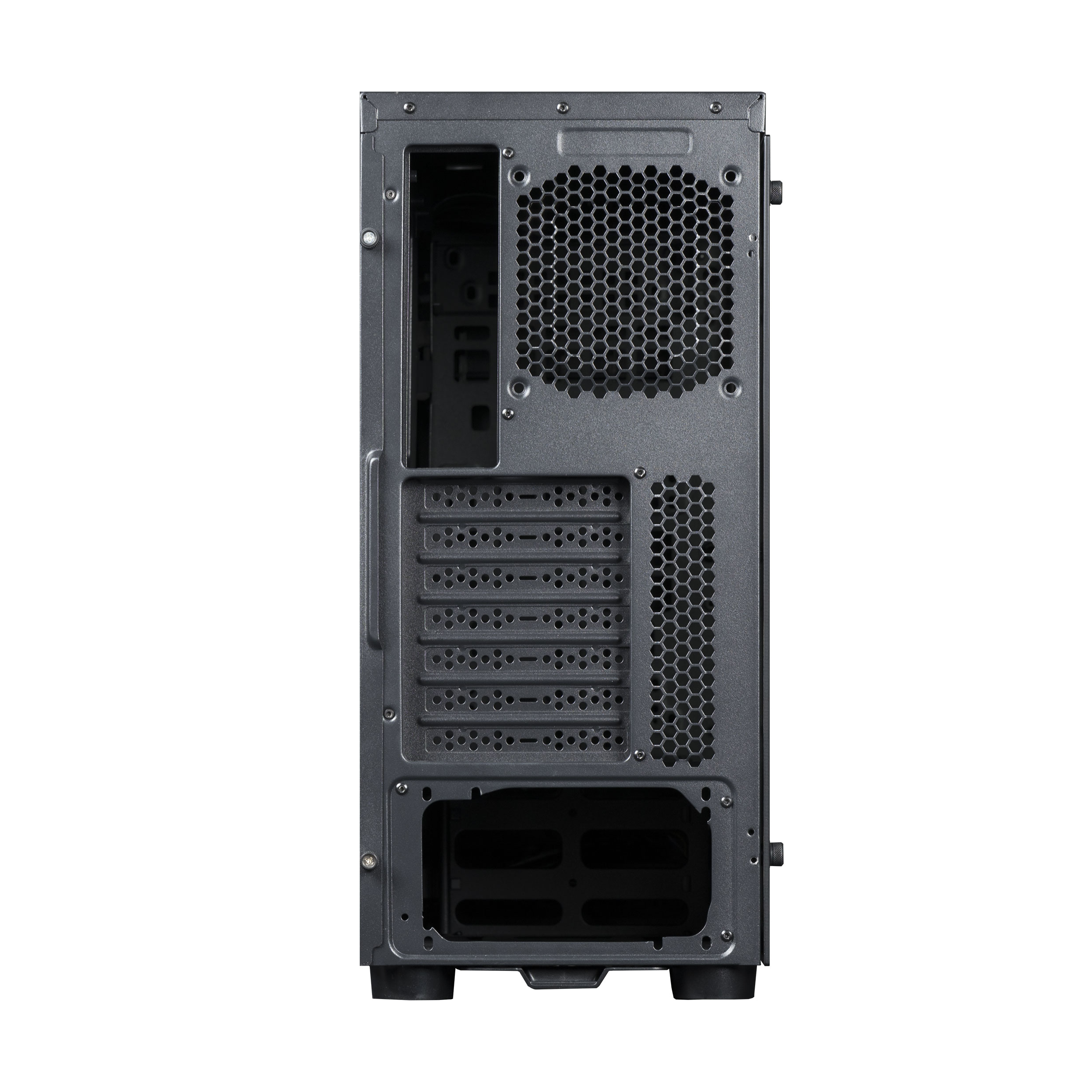 Computergehäuse. Die Rückseite eines Computergehäuses mit vielen Öffnungen.