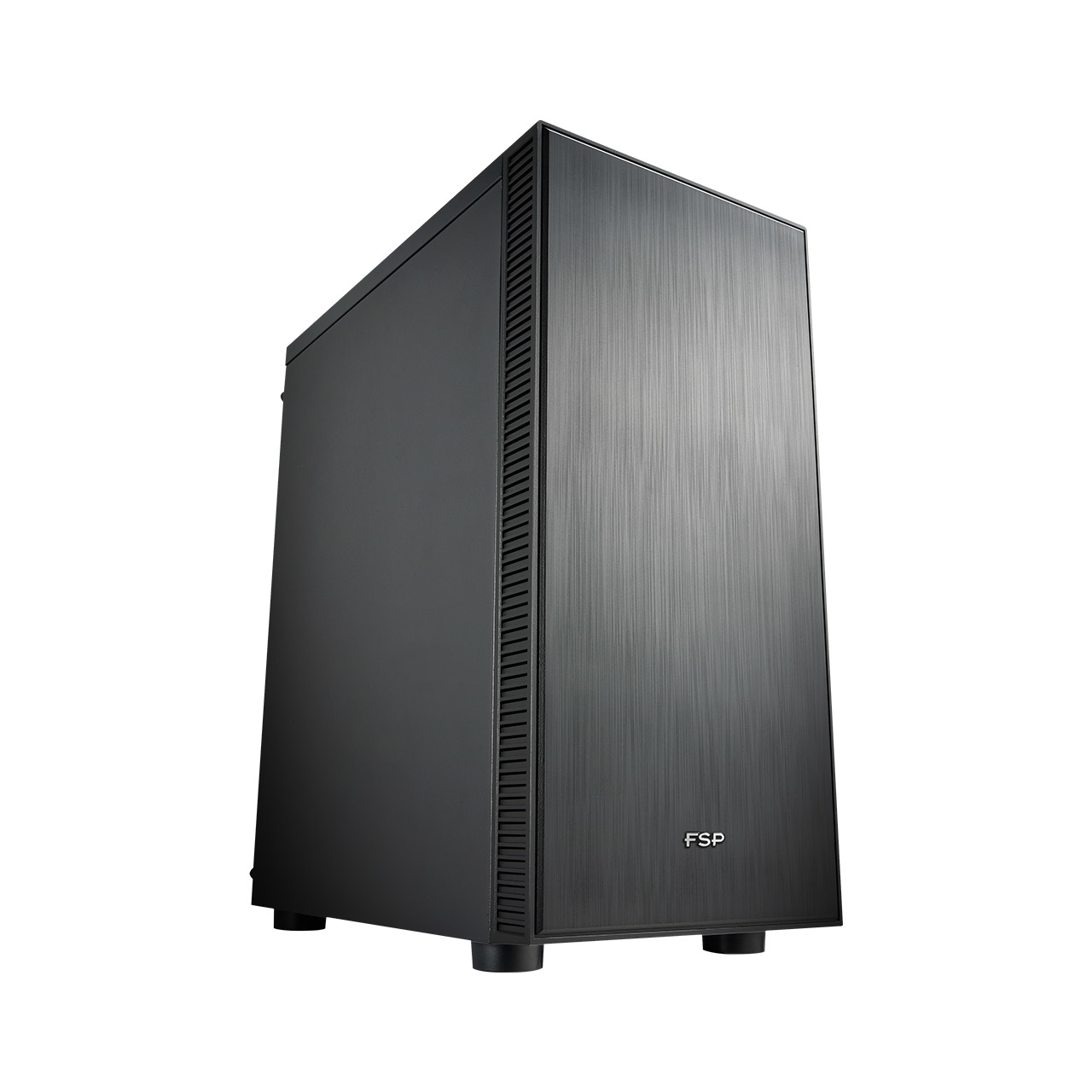 Case per computer nero. È rettangolare e ha un design moderno. Sfondo bianco.