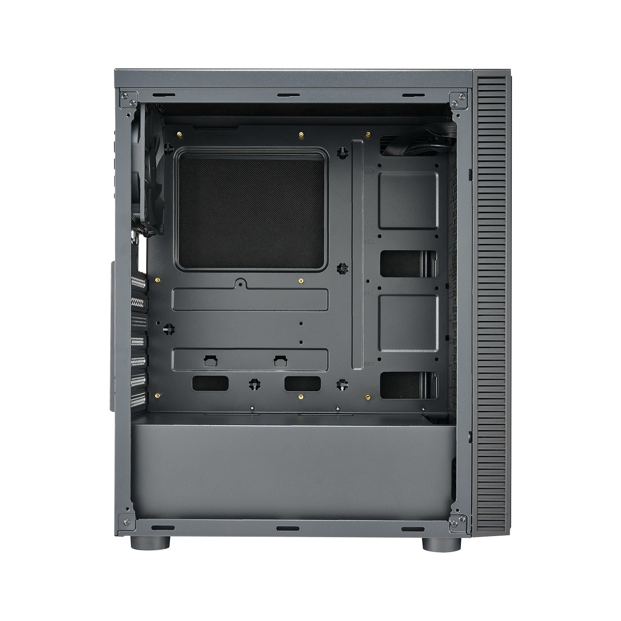 Un case per computer, grigio, con interno aperto. Il pannello laterale ha una ventola.