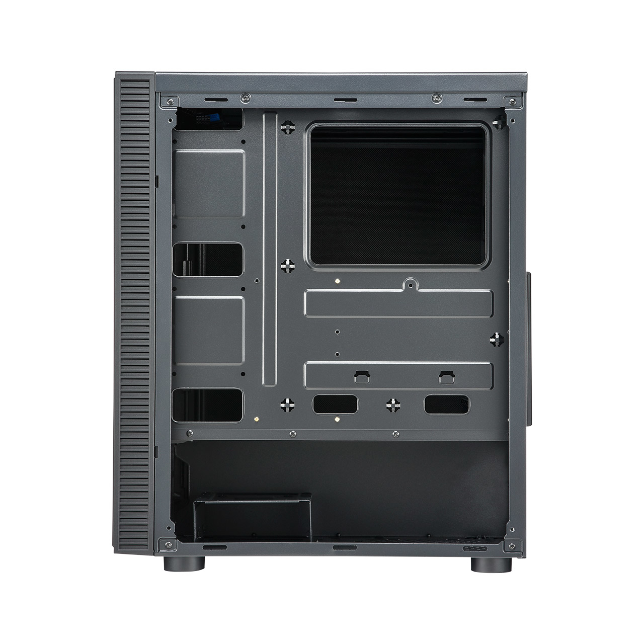 Interno di un case per computer aperto con slot vuoti e punti di montaggio.