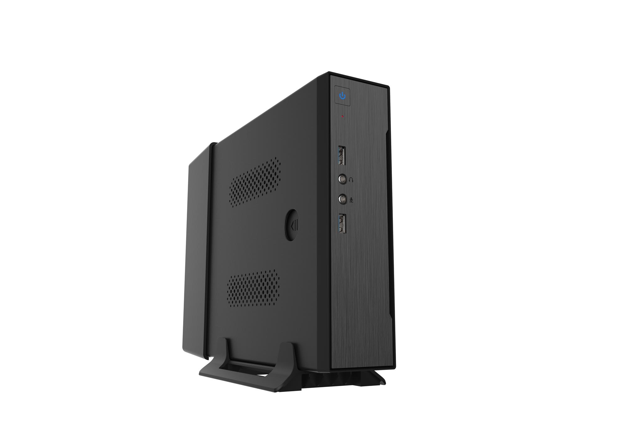 Torre PC nera su supporto, vista laterale. Ha prese d'aria e porte.