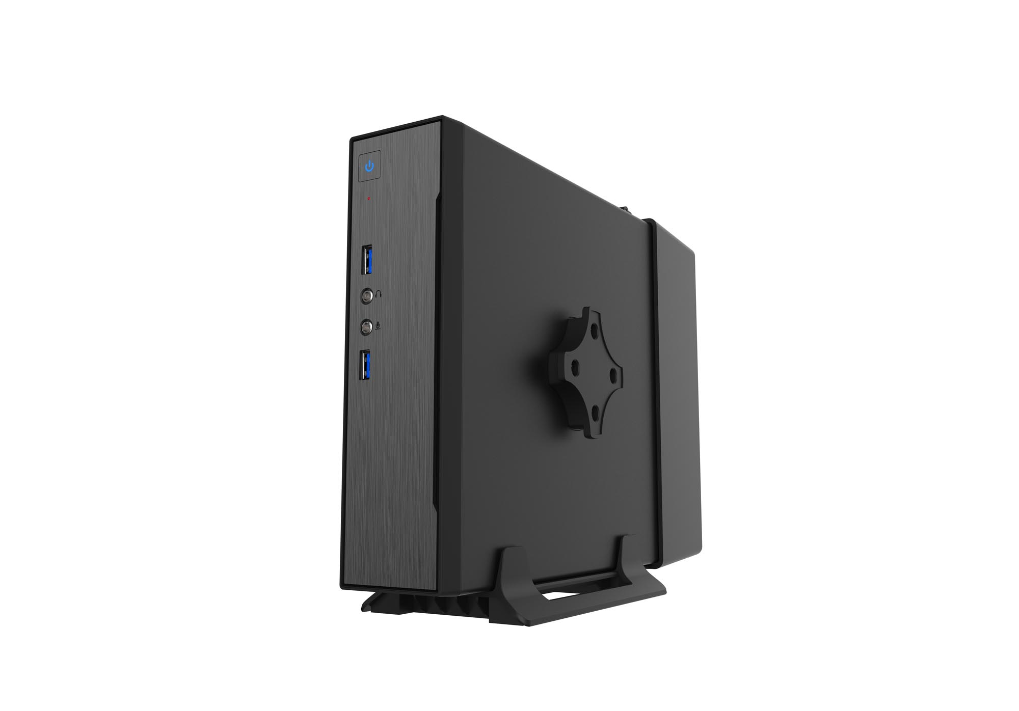 Un mini computer nero, supportato da una staffa, su sfondo bianco.