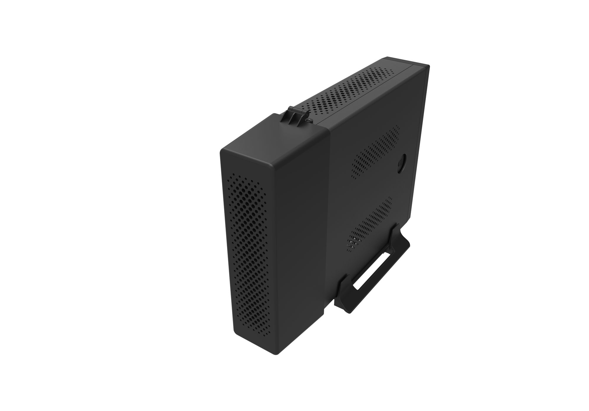 Case nero per computer con fori di ventilazione. Ha una maniglia. Sfondo bianco.