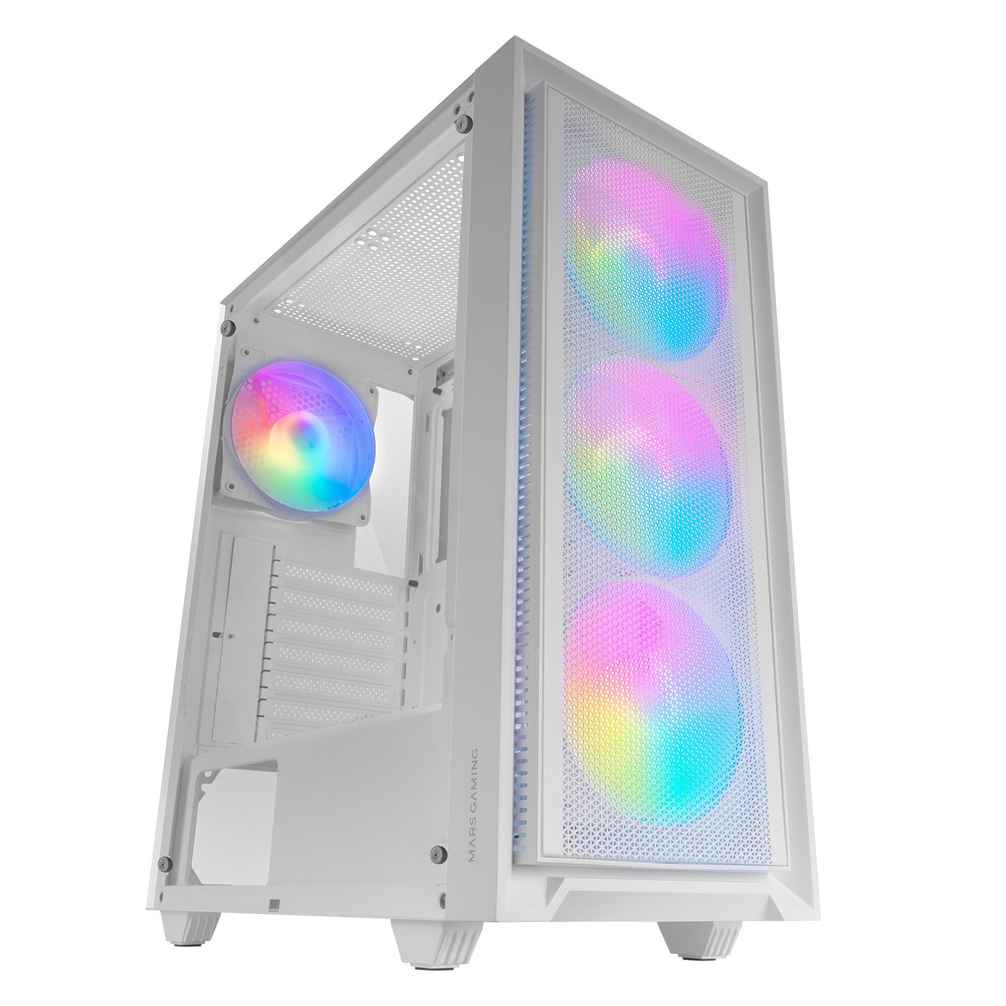 Biała obudowa komputera z kolorowymi wentylatorami i przezroczystym panelem bocznym.
