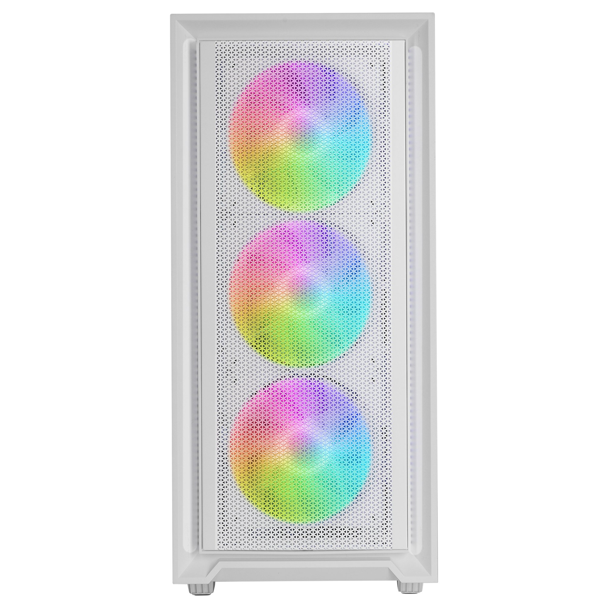 Biała obudowa komputera z tęczowymi wentylatorami z przodu.