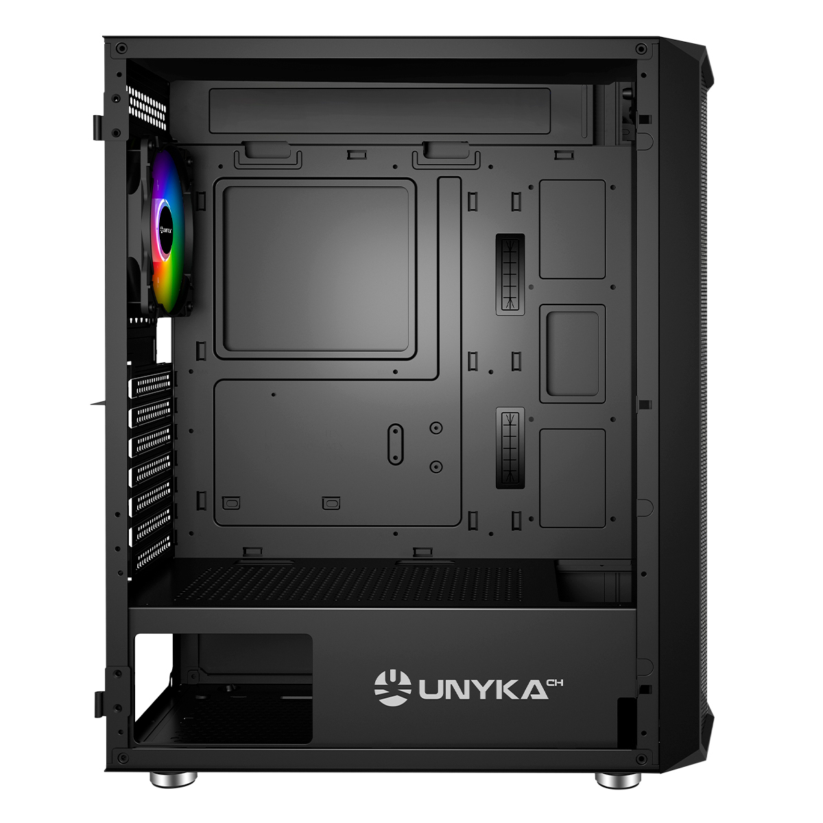 Interno del case nero con ventola arcobaleno. Il case è vuoto, mostra slot e punti di montaggio.