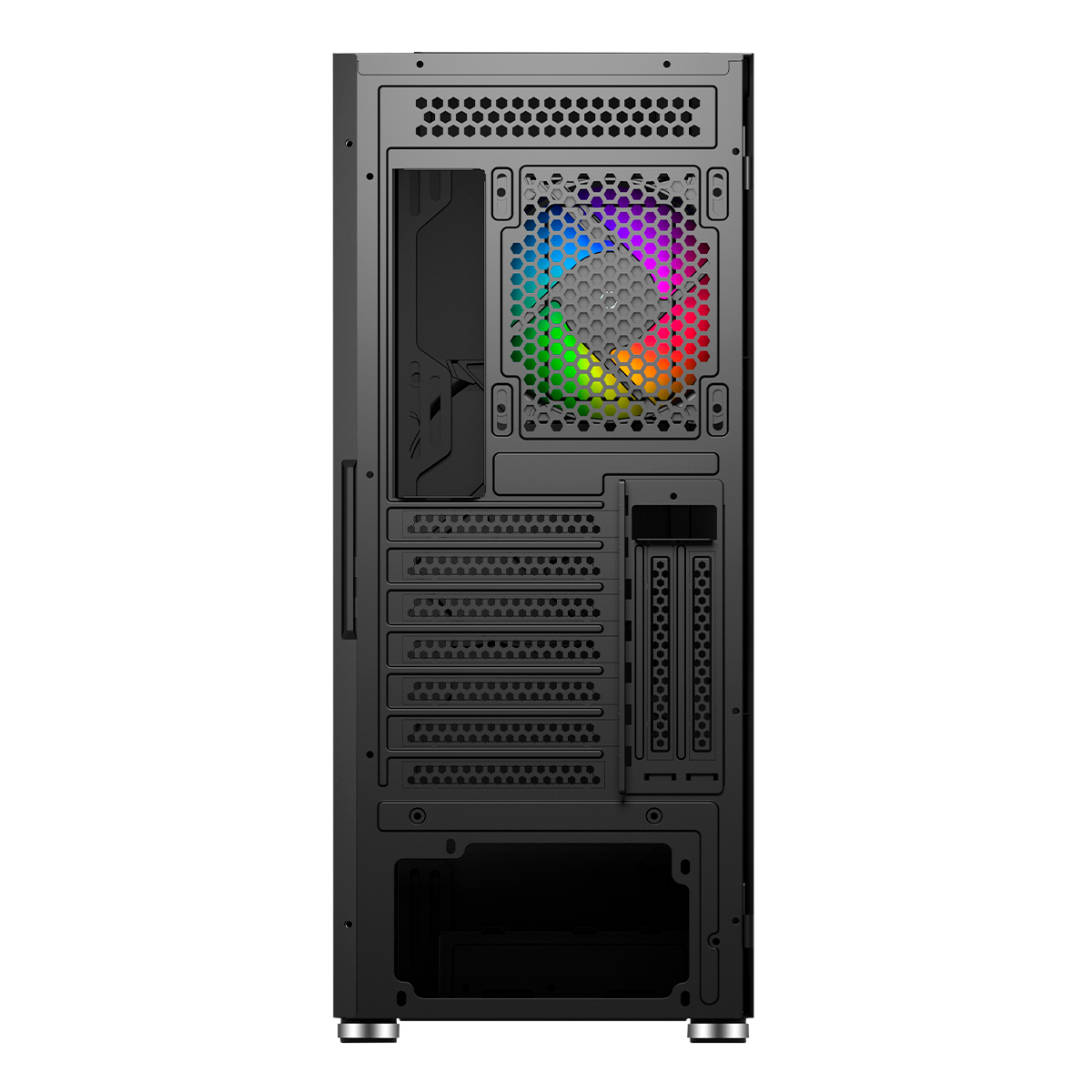 Vista posteriore di un case di computer nero con una ventola che mostra colori arcobaleno e aperture multiple.