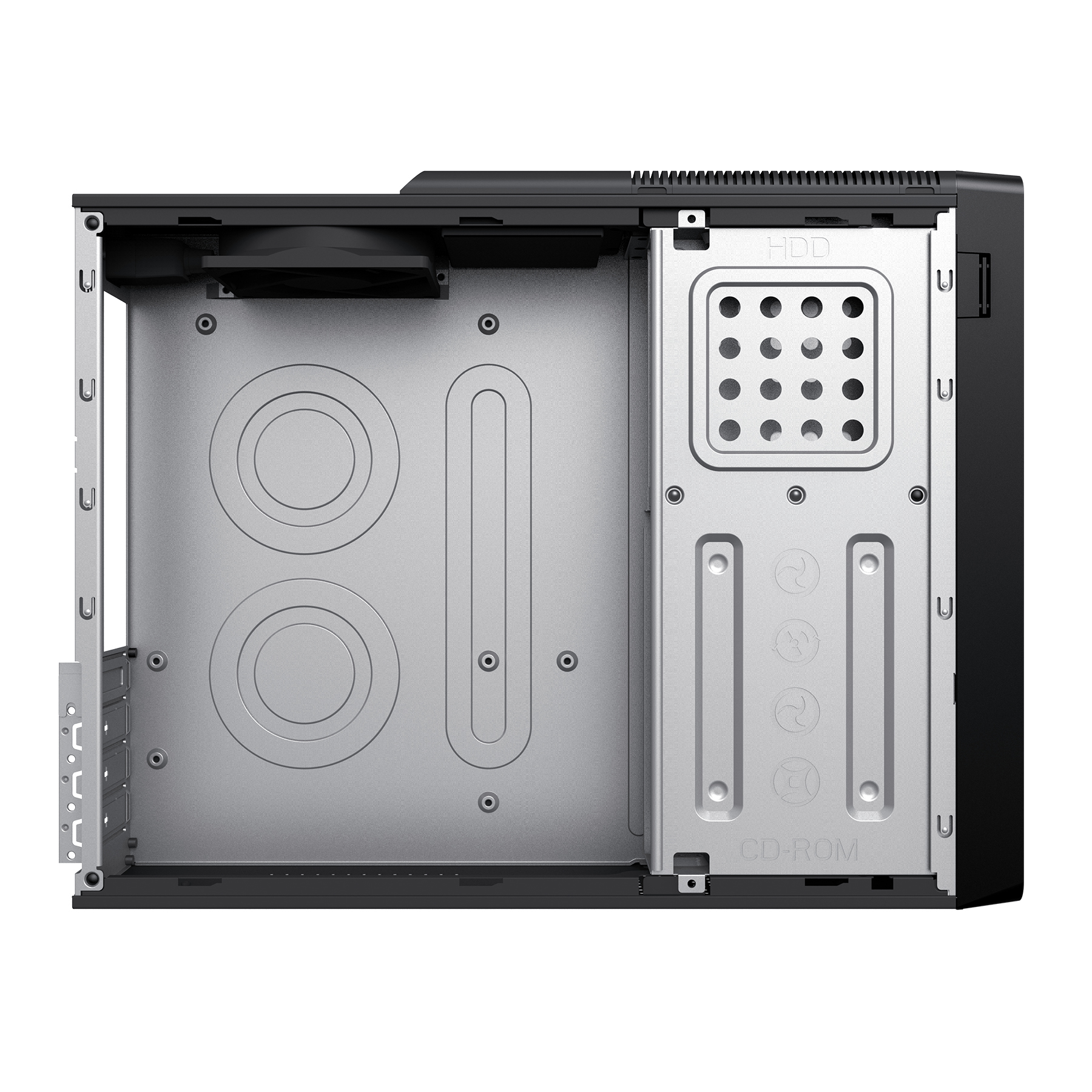 Interieur van een computerkast, met het achterpaneel, ventilatorbevestigingen en drive bays.