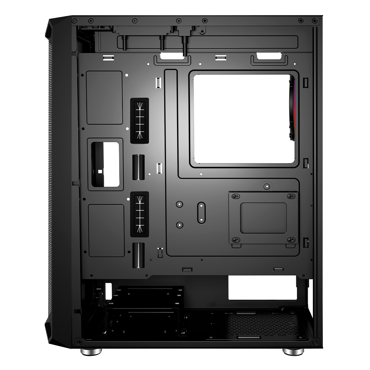 Interno di un case per computer, colore nero, con slot e montaggi.