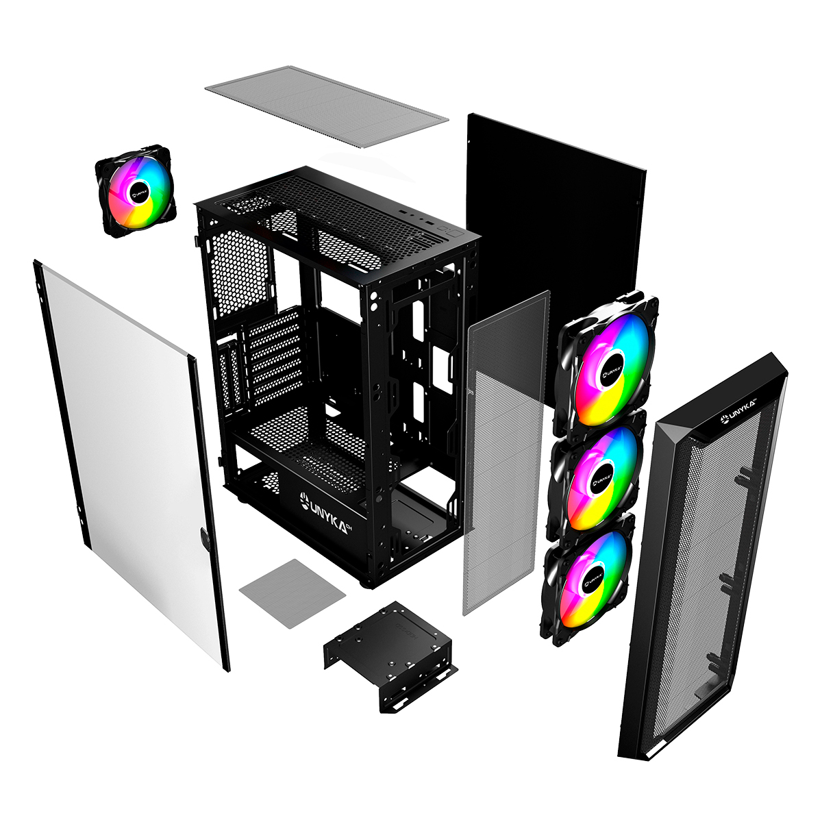 Una vista esplosa di un case per computer con componenti. Sono mostrate ventole, pannelli e struttura interna.