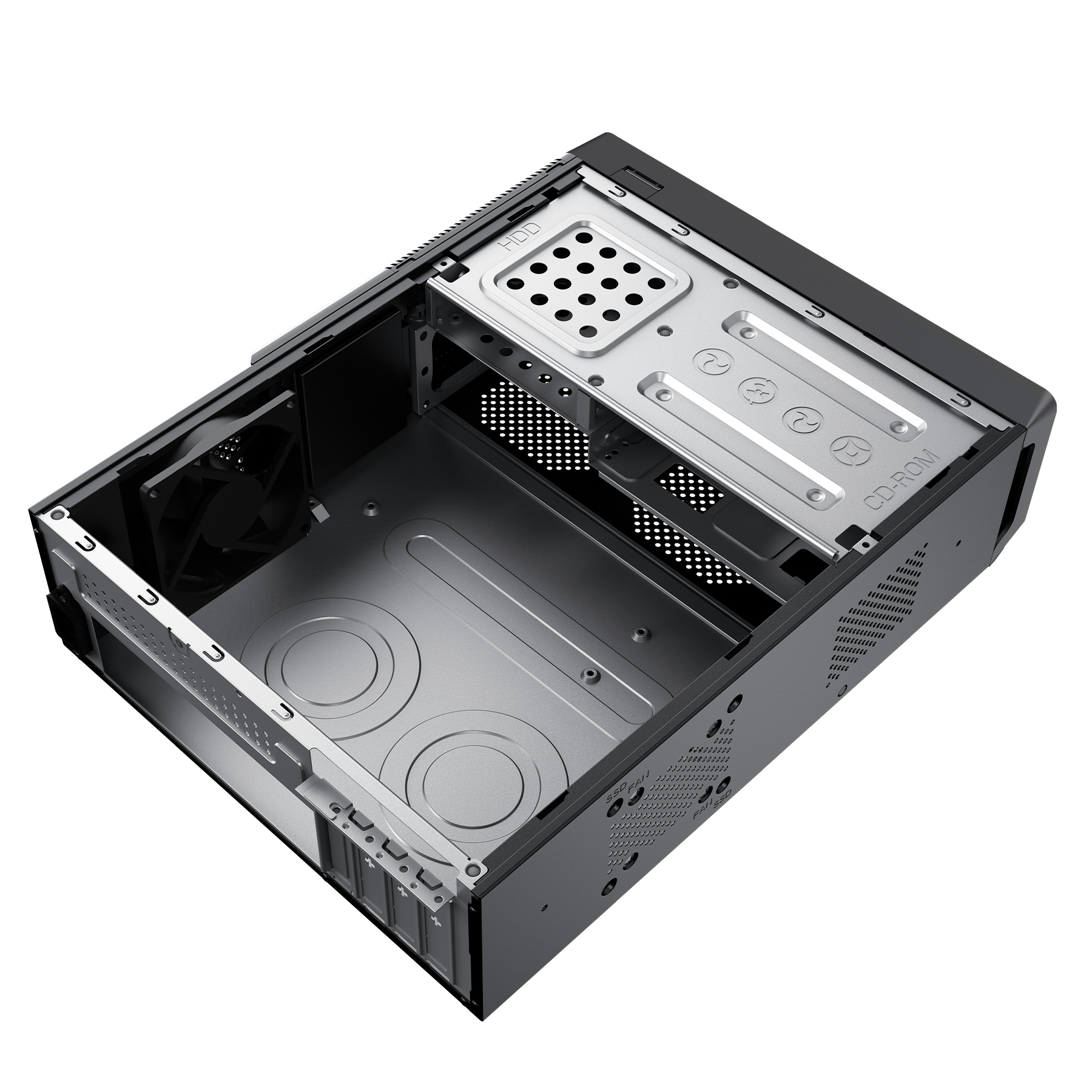 Een open zwarte computerkast met interne componenten zichtbaar.