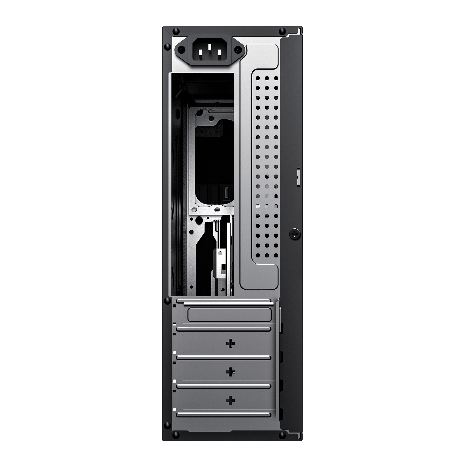 De achterkant van een zwarte computerkast, met een voedingspoort, ventilatiegaten en diverse sleuven.