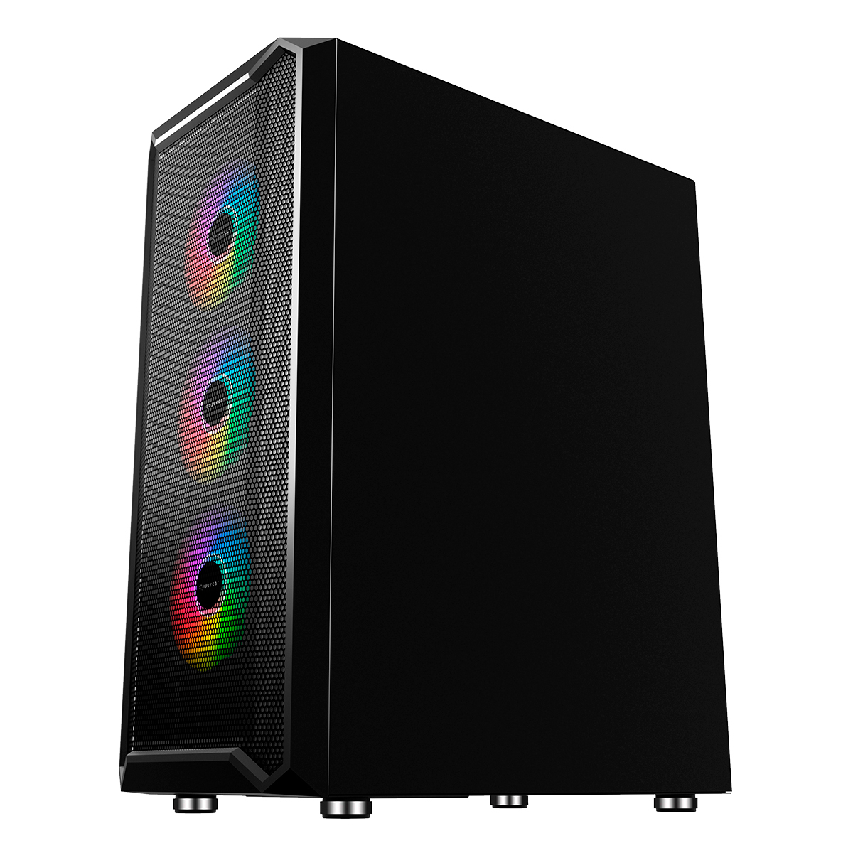Case per computer nero con frontale a rete e tre ventole illuminate.