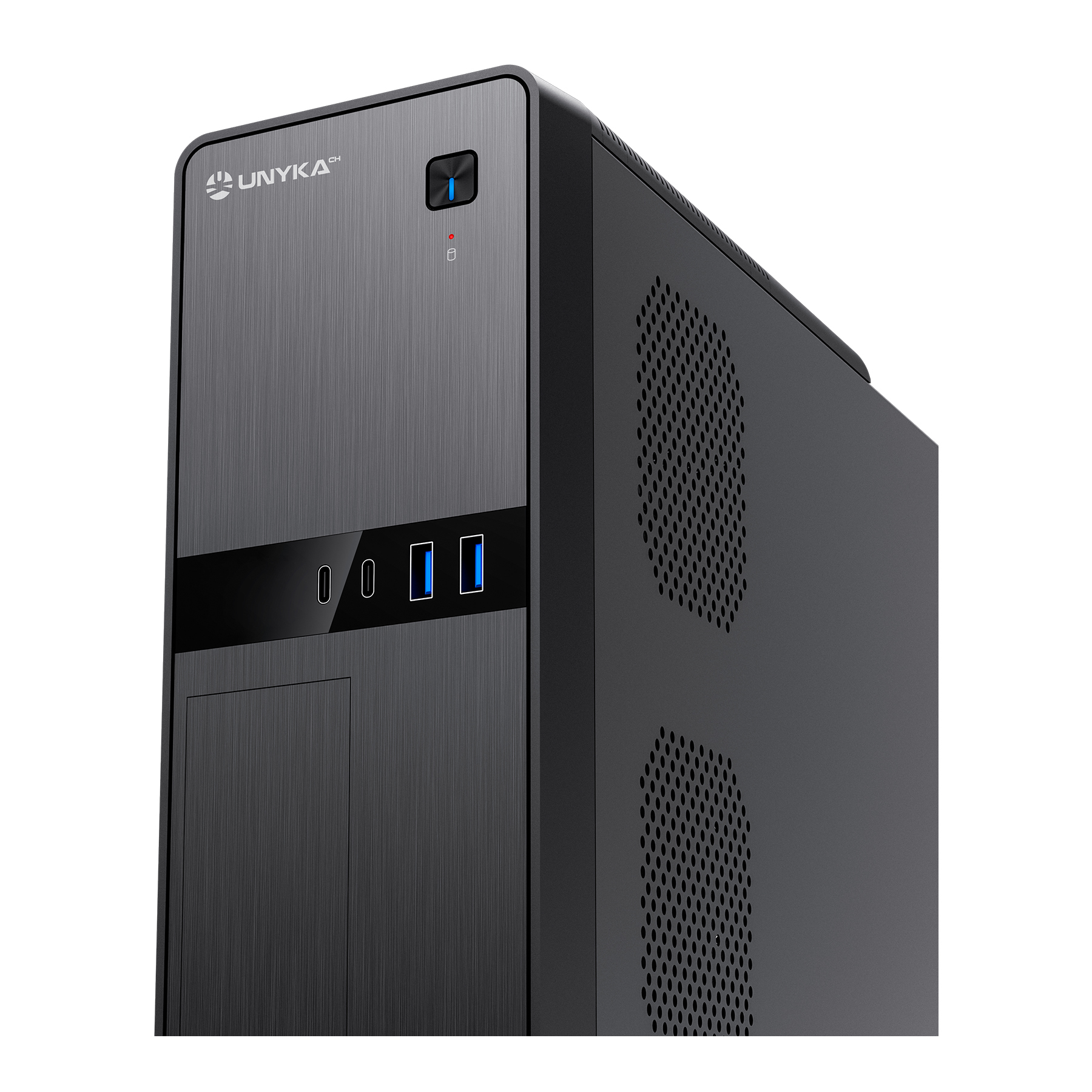 Een zwarte computerkast met frontpoorten, het merk UNYKA is zichtbaar.