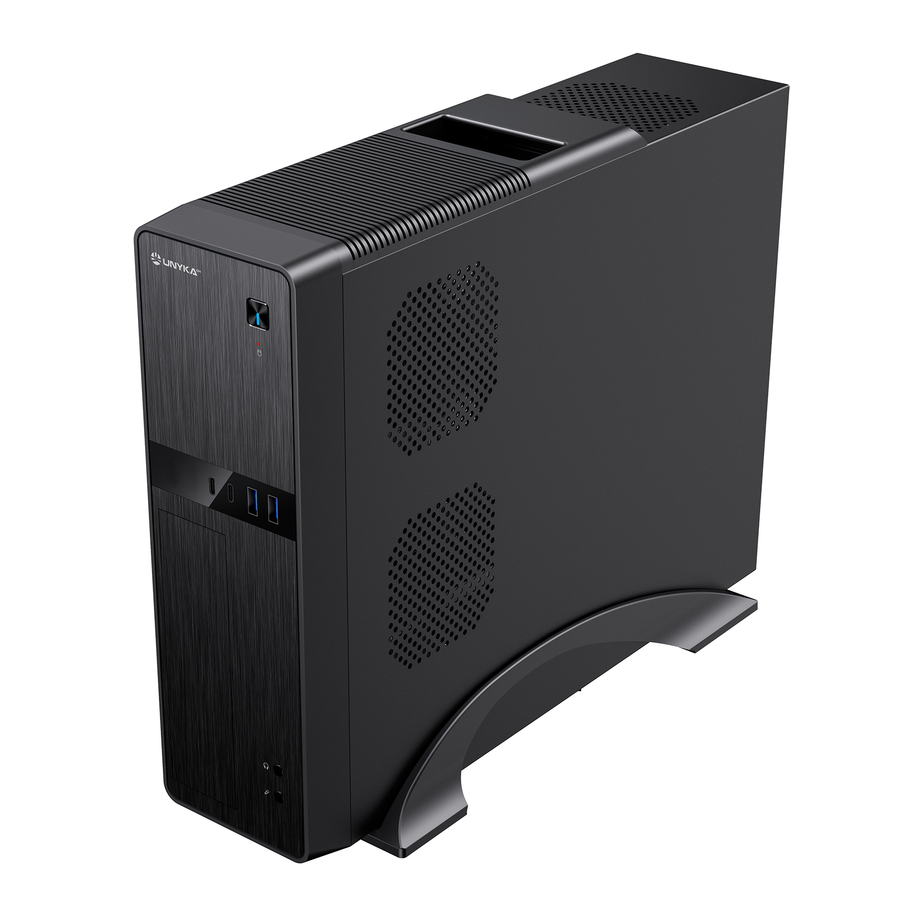 Zwarte computerkast met een gebogen basis, schuine voorkant. Geperforeerd zijpaneel en ventilatieontwerp.